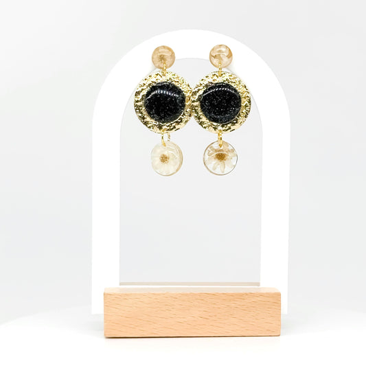 Vintage Cottagecore Floral Resin Earrings – Black & Gold Studs with Translucent Drop Accents