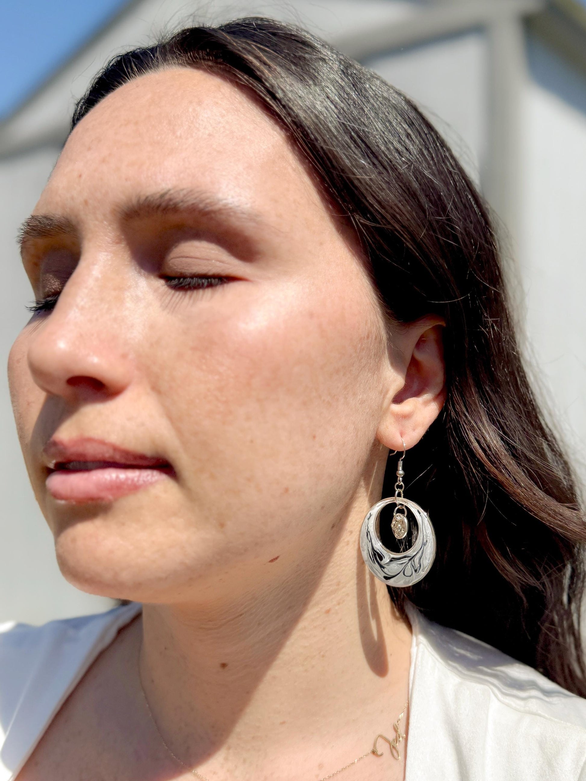 Handmade Swirl Resin Hoop Earrings – Modern Monochrome Design with Silver Accents