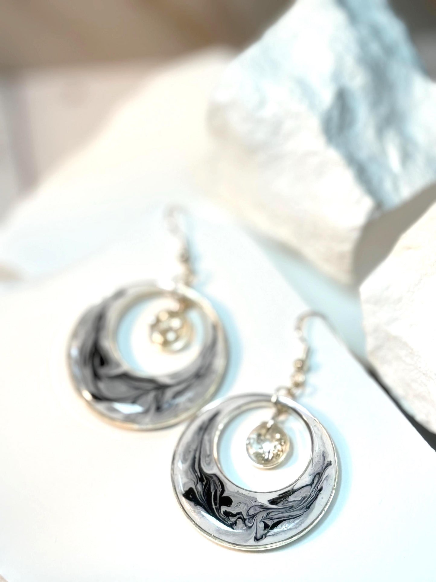 Handmade Swirl Resin Hoop Earrings – Modern Monochrome Design with Silver Accents
