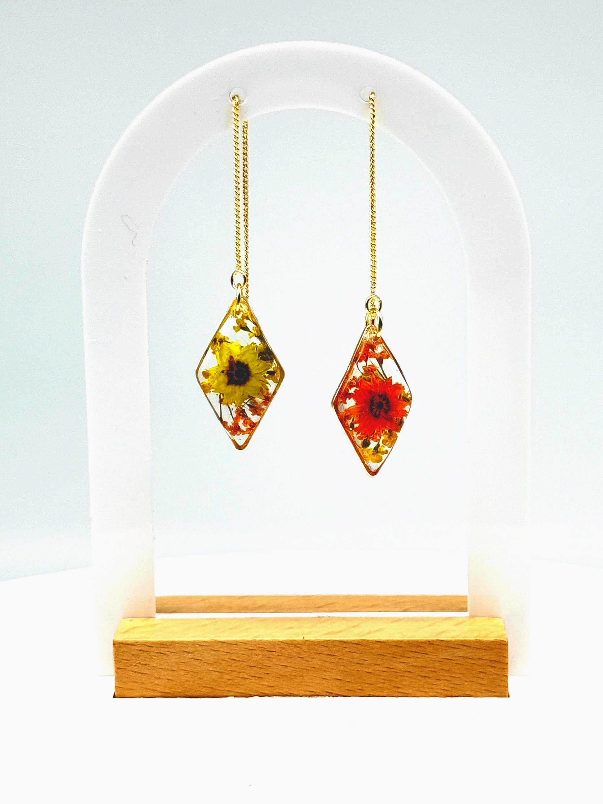 Dual Tone Floral Earrings – Clear Resin, Yellow & Orange Blooms with Foliage