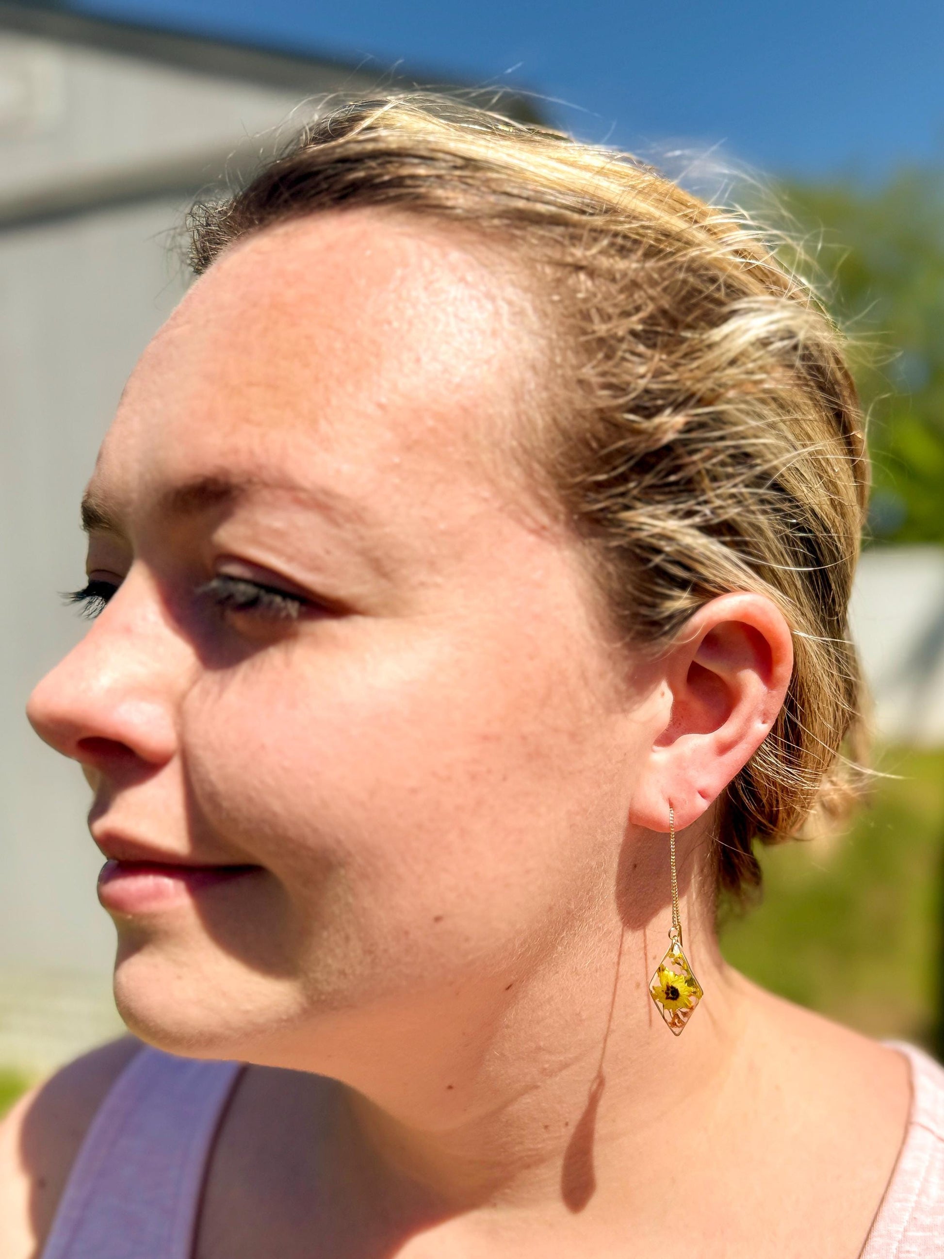Dual Tone Floral Earrings – Clear Resin, Yellow & Orange Blooms with Foliage