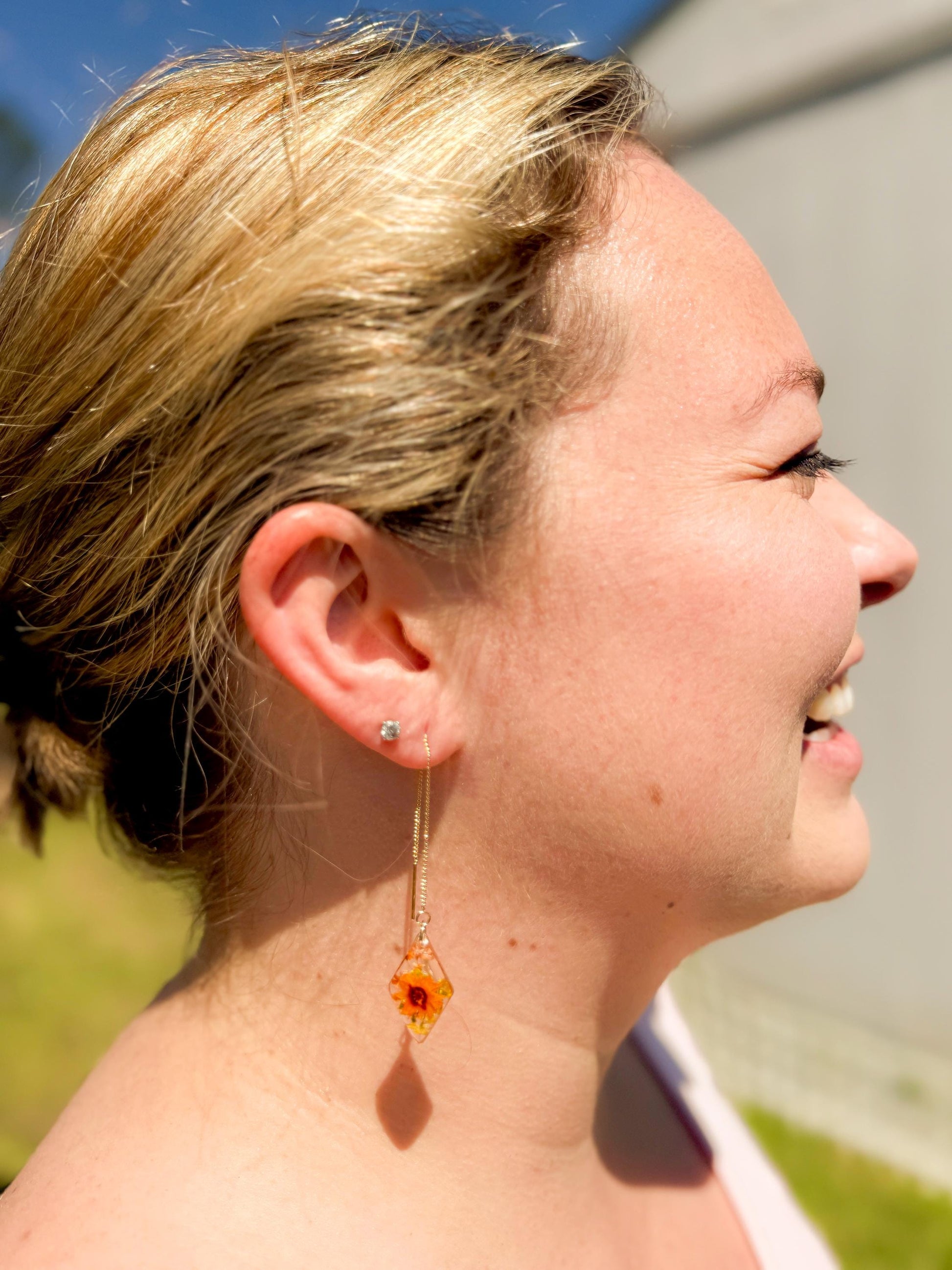 Dual Tone Floral Earrings – Clear Resin, Yellow & Orange Blooms with Foliage