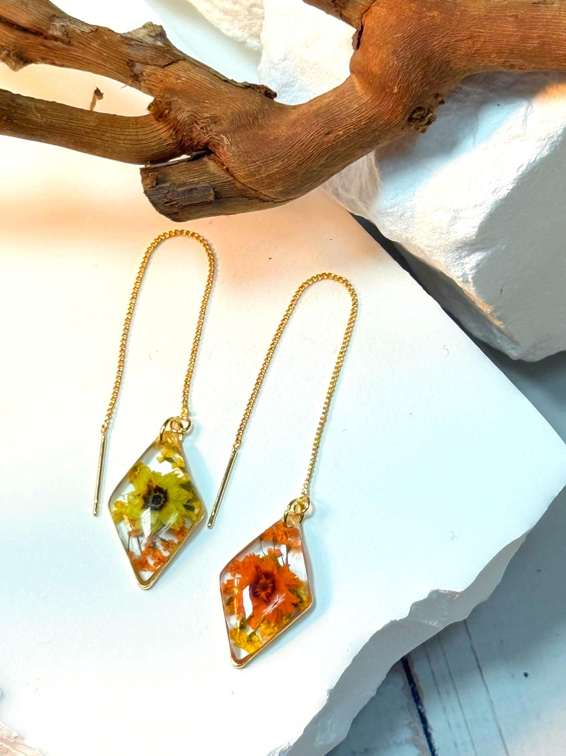 Dual Tone Floral Earrings – Clear Resin, Yellow & Orange Blooms with Foliage