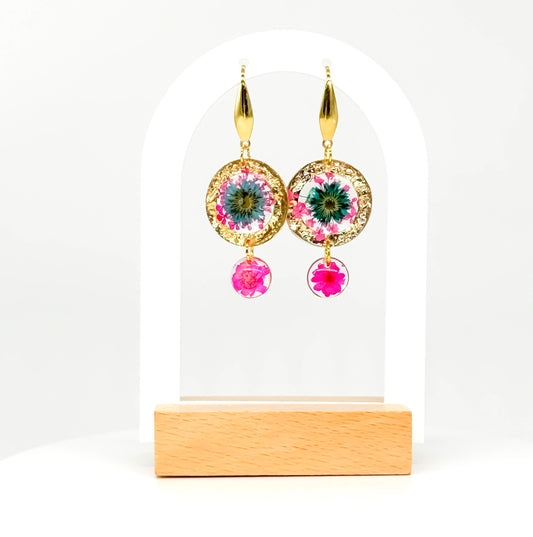 Handcrafted Resin Floral Earrings – Pink & Green Blooms with Gold Accents