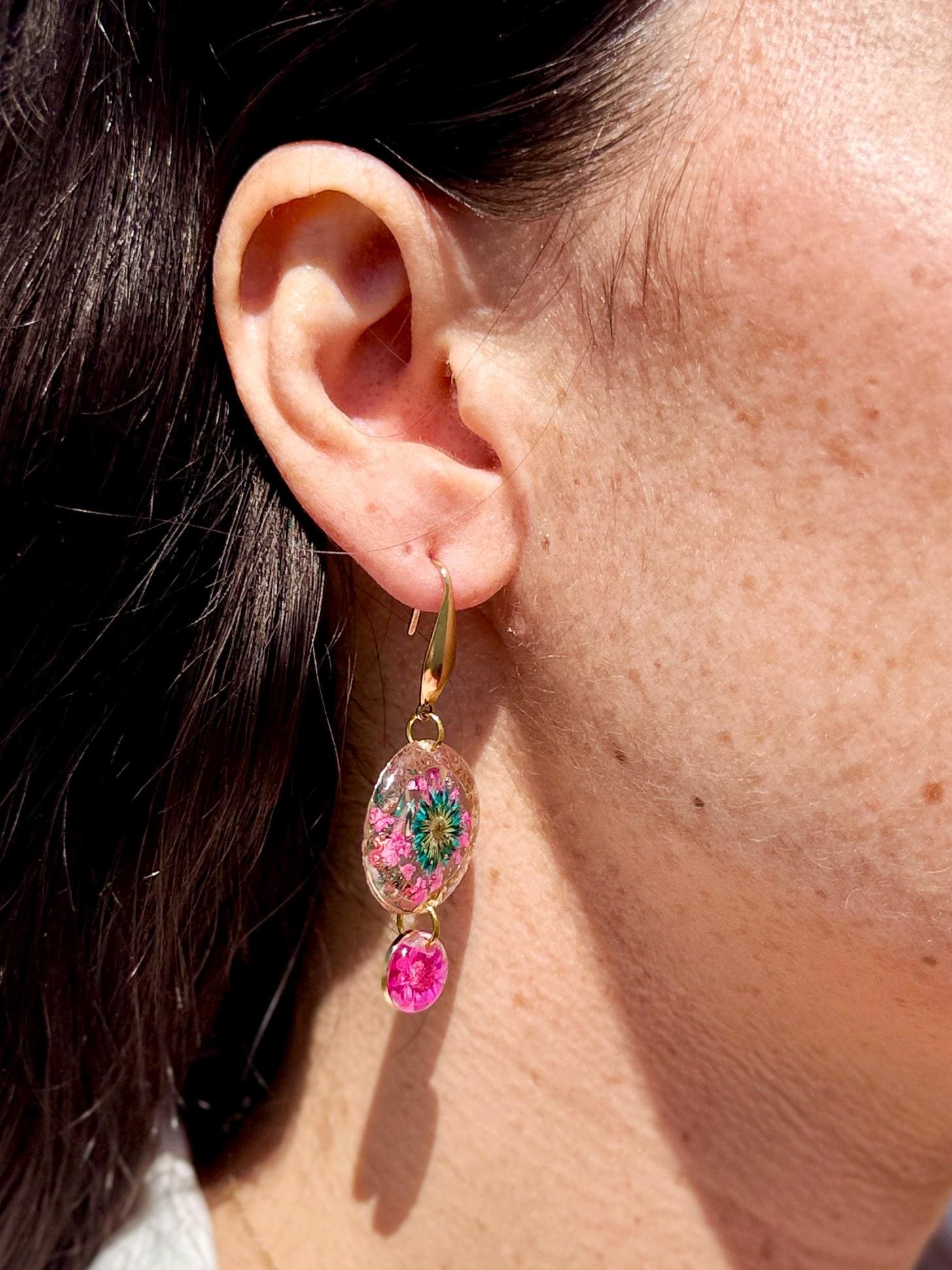 Handcrafted Resin Floral Earrings – Pink & Green Blooms with Gold Accents