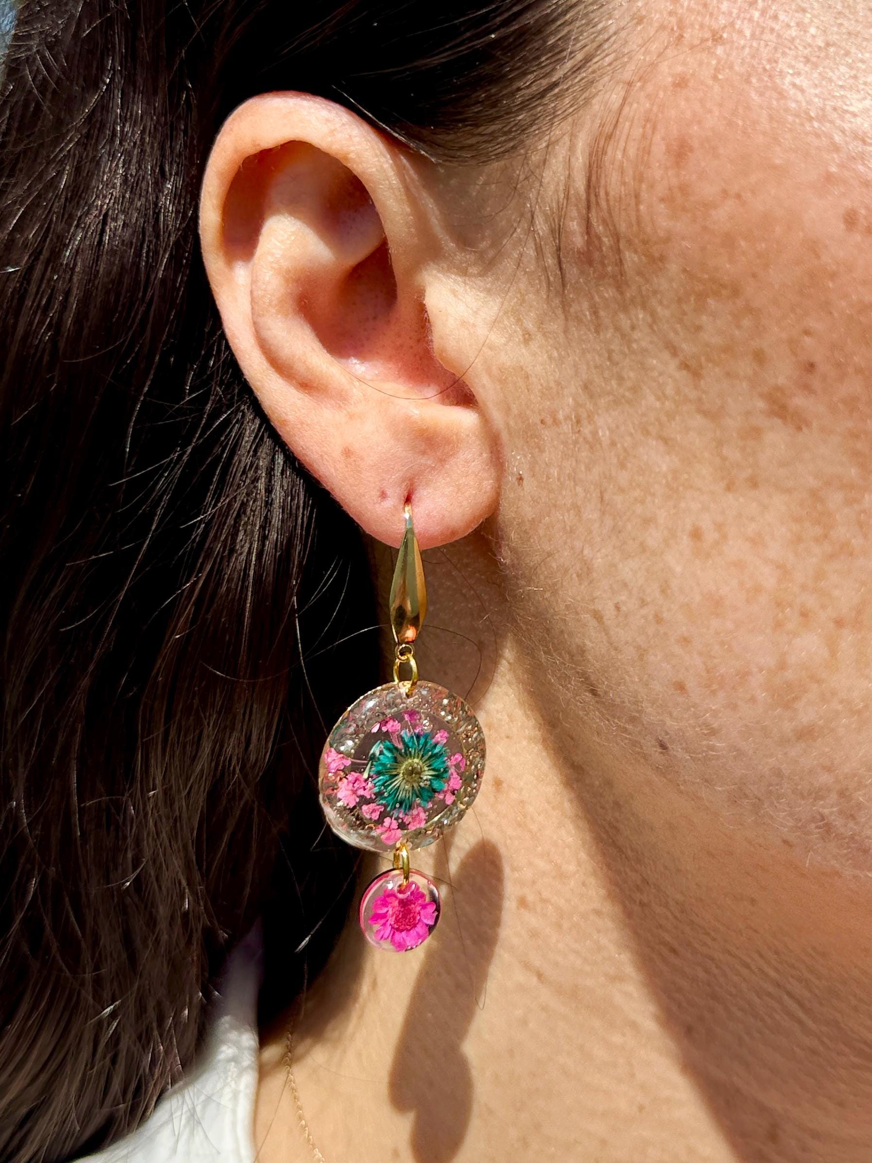 Handcrafted Resin Floral Earrings – Pink & Green Blooms with Gold Accents