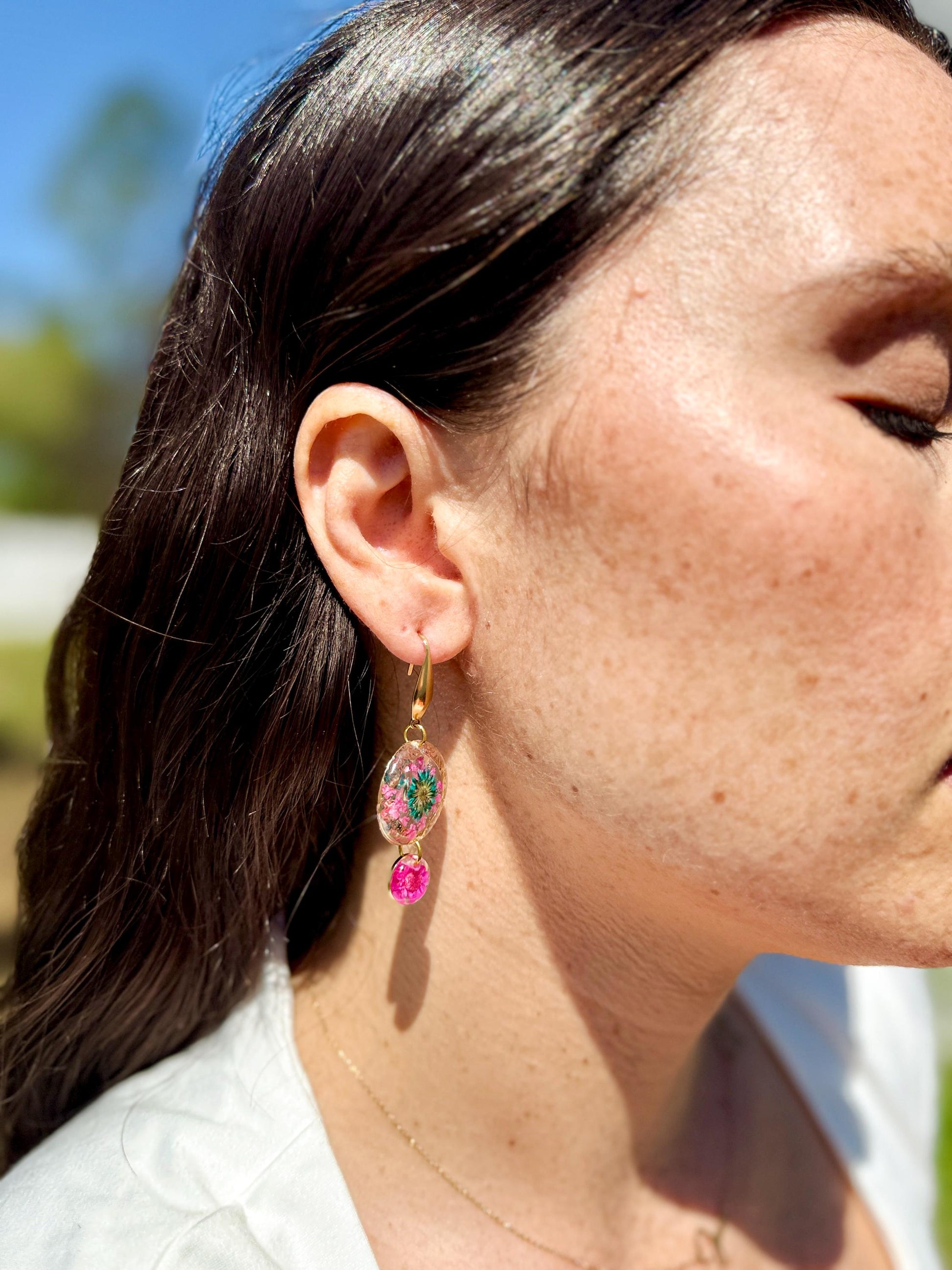 Handcrafted Resin Floral Earrings – Pink & Green Blooms with Gold Accents