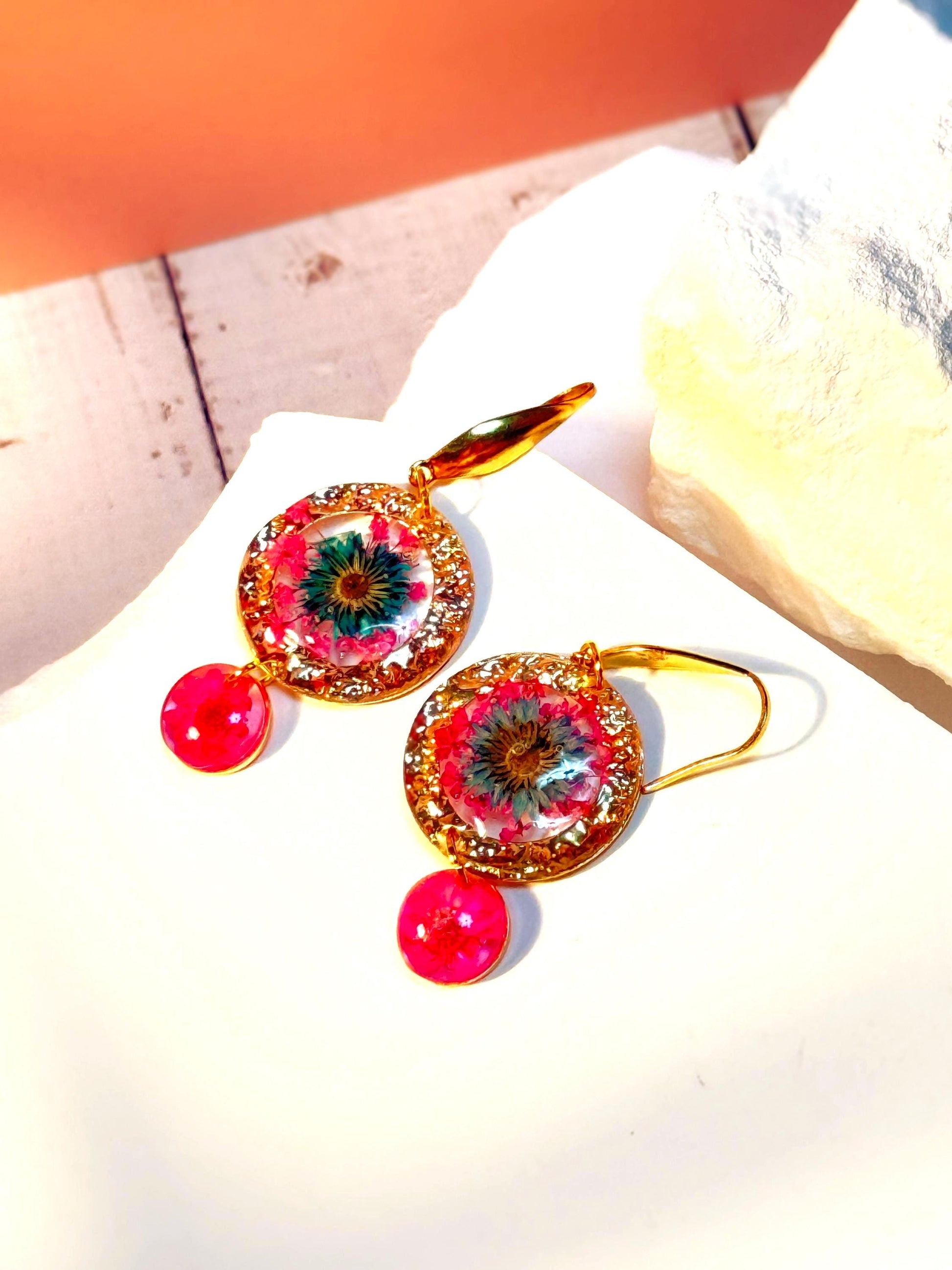 Handcrafted Resin Floral Earrings – Pink & Green Blooms with Gold Accents