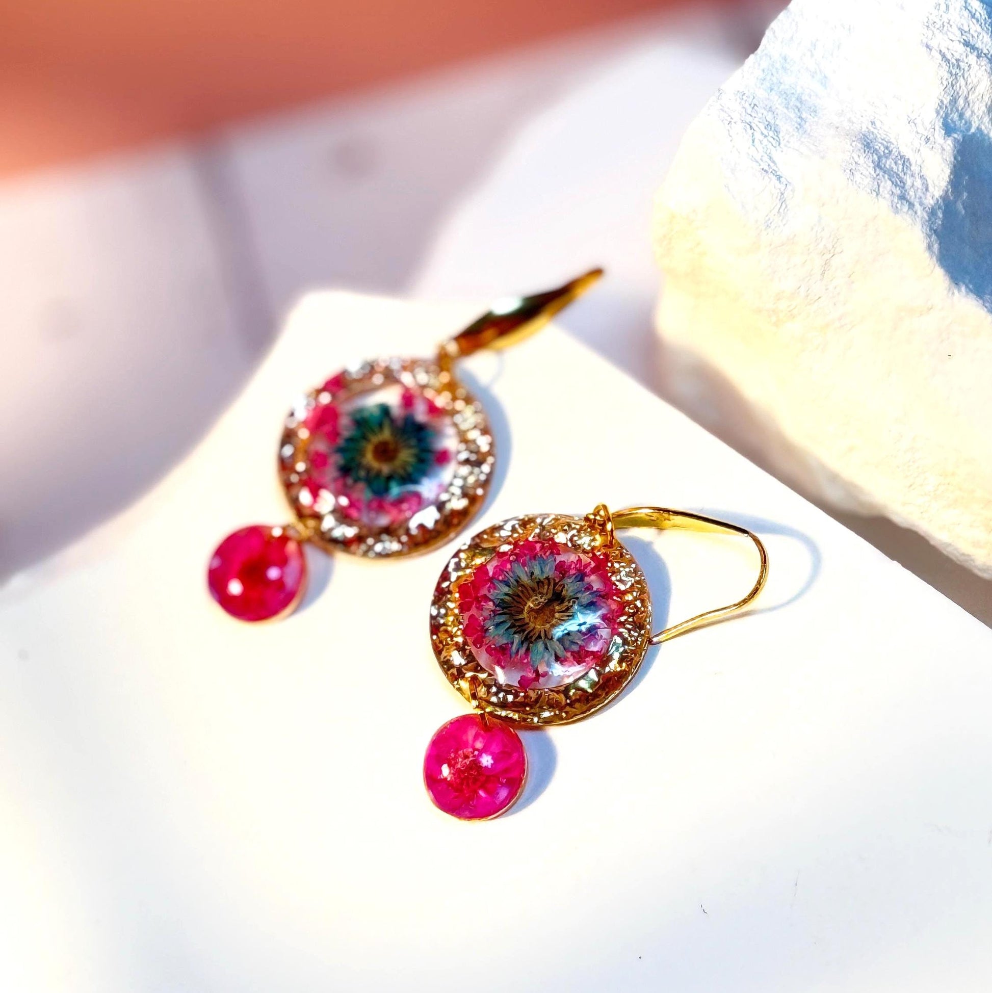 Handcrafted Resin Floral Earrings – Pink & Green Blooms with Gold Accents