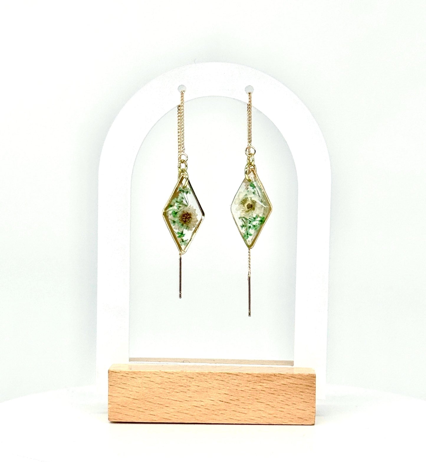 Handmade Diamond Resin Earrings: White Flowers, Gold Threader Chain