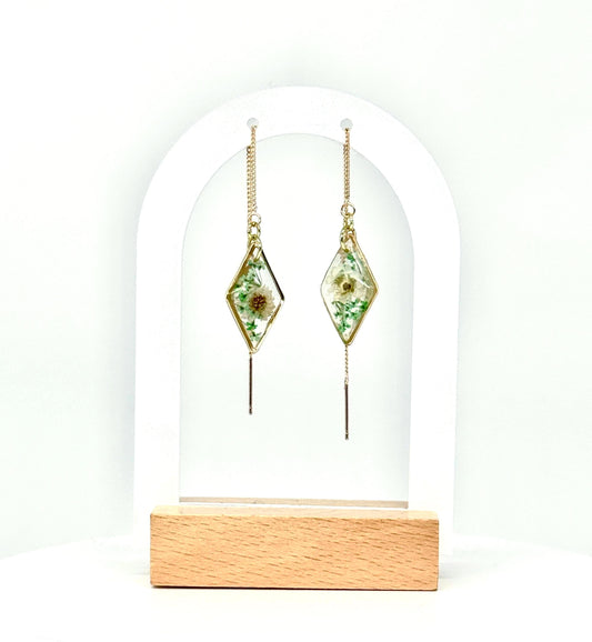 Handmade Diamond Resin Earrings: White Flowers, Gold Threader Chain