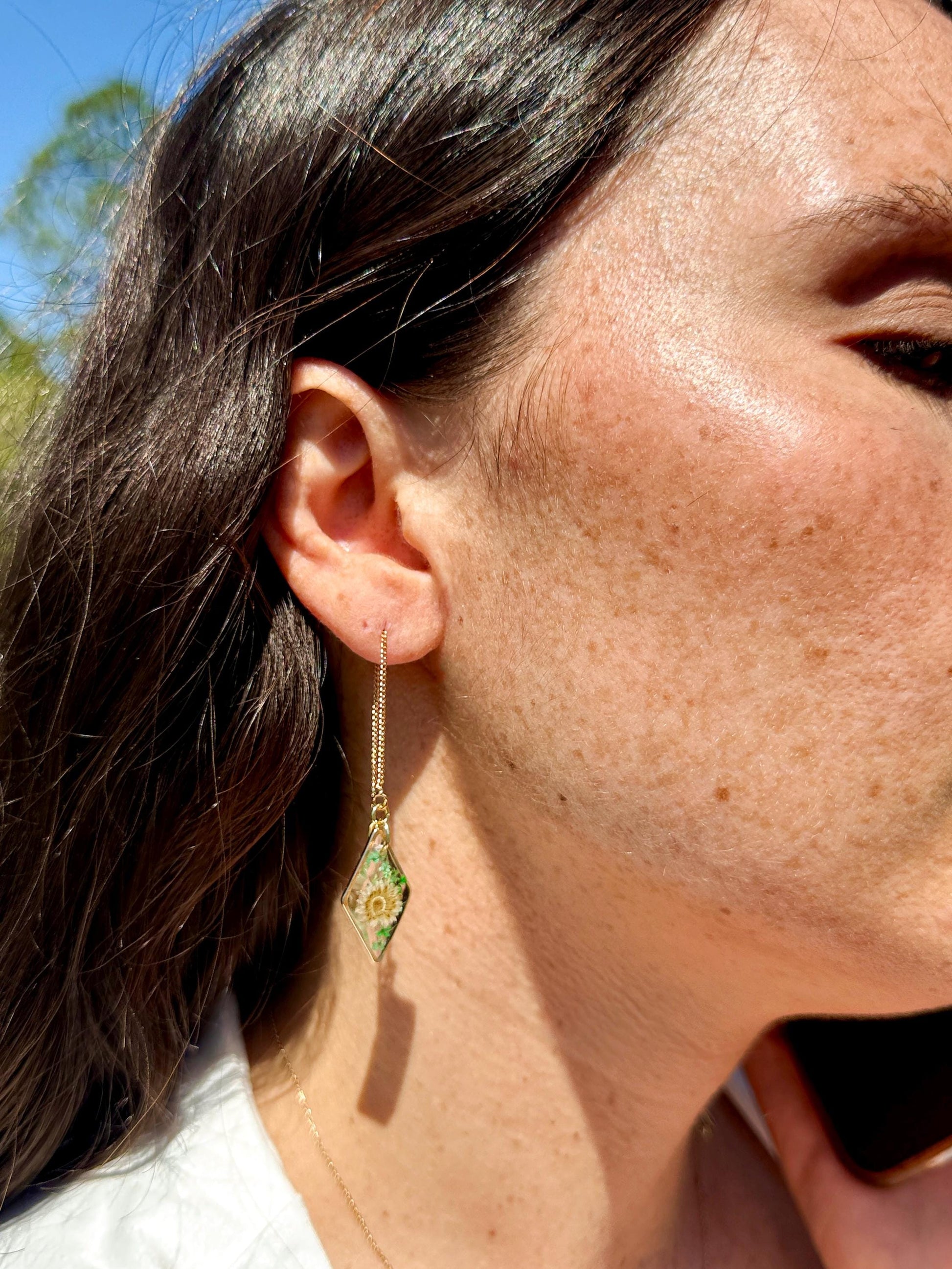 Handmade Diamond Resin Earrings: White Flowers, Gold Threader Chain
