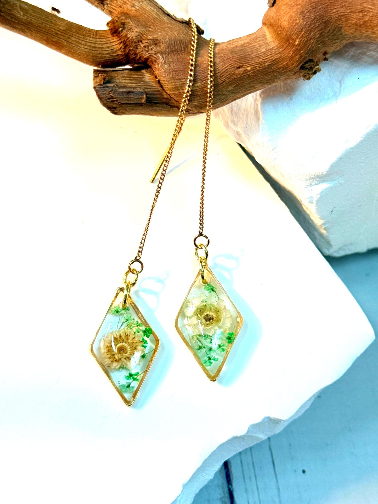 Handmade Diamond Resin Earrings: White Flowers, Gold Threader Chain