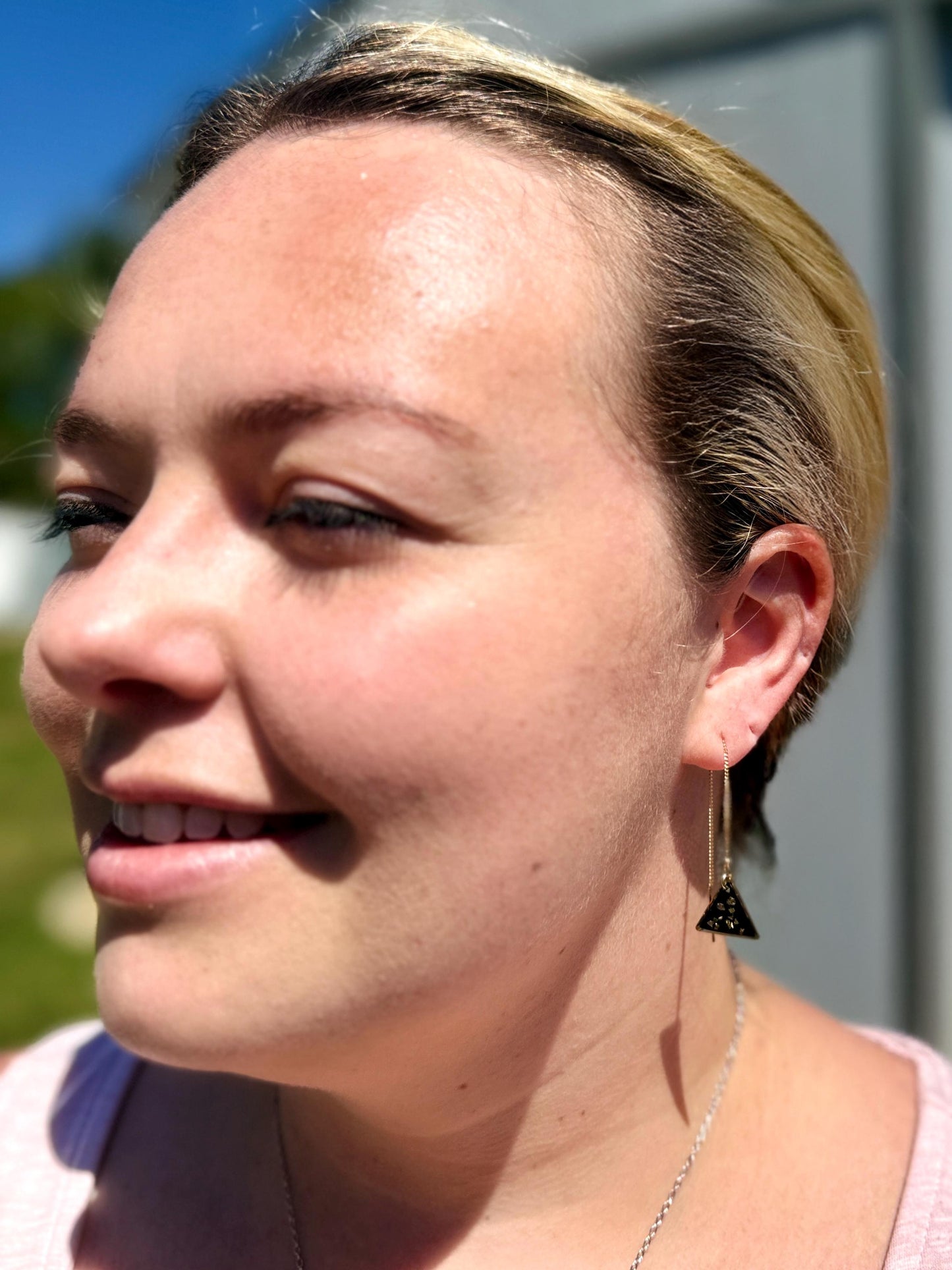 Simple Black Resin Threader Earrings – Modern Gold Pebbles, Triangle Pendant