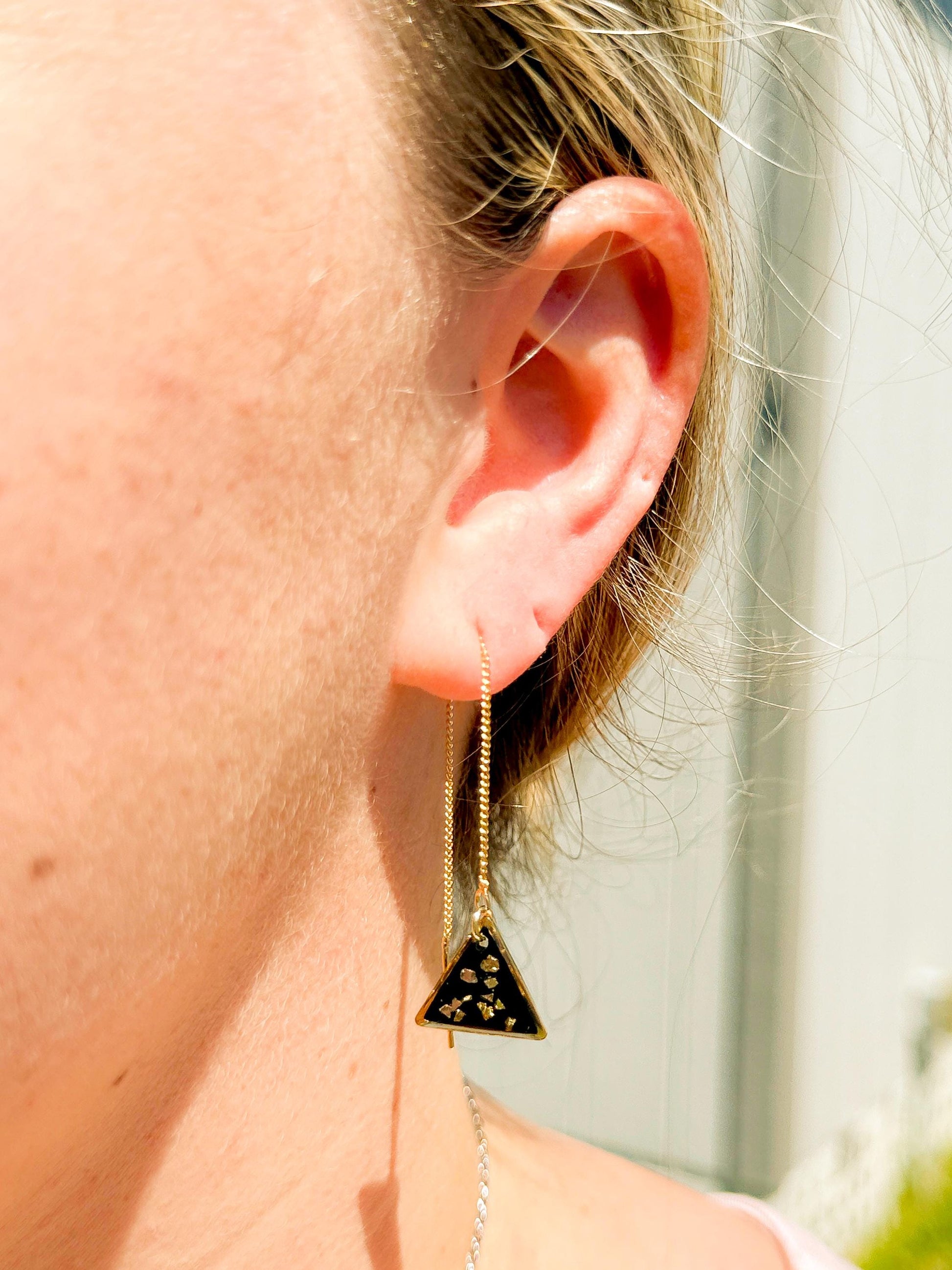 Simple Black Resin Threader Earrings – Modern Gold Pebbles, Triangle Pendant