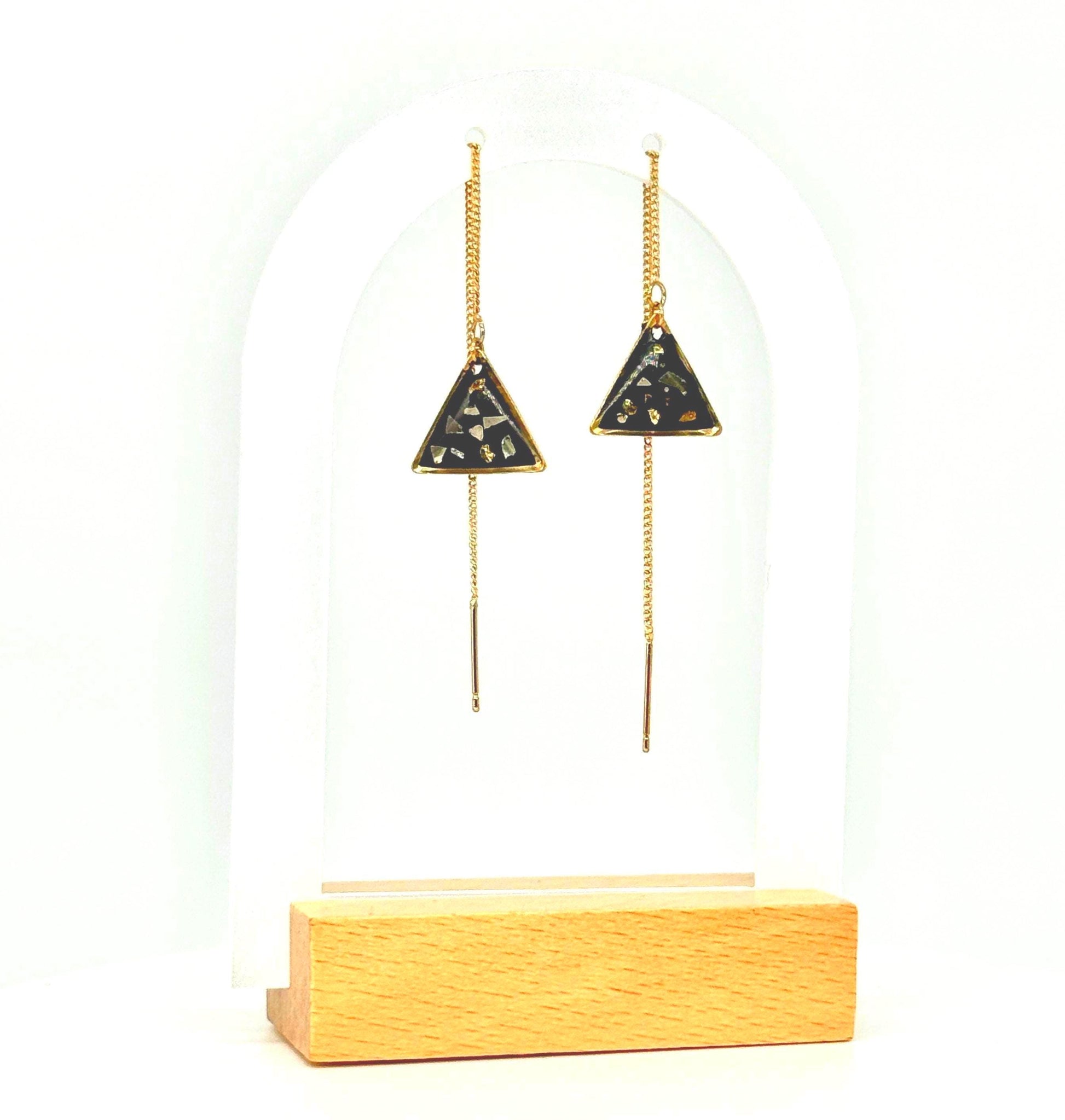 Simple Black Resin Threader Earrings – Modern Gold Pebbles, Triangle Pendant
