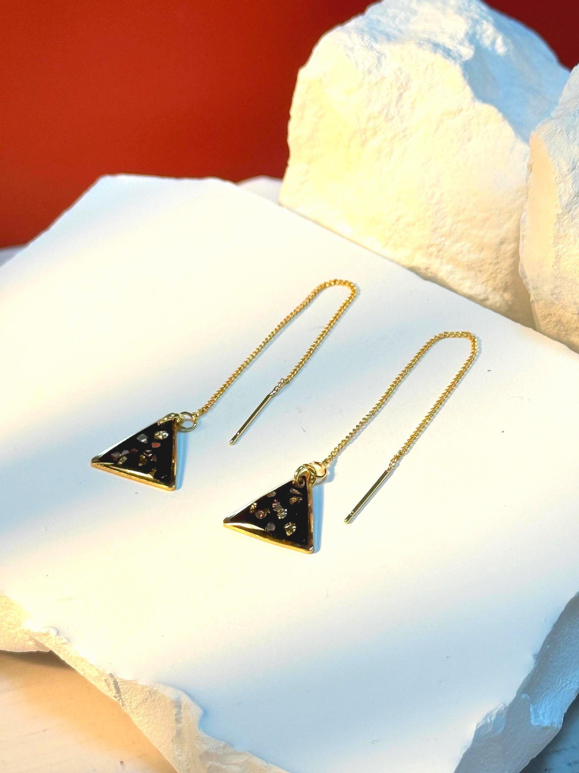 Simple Black Resin Threader Earrings – Modern Gold Pebbles, Triangle Pendant