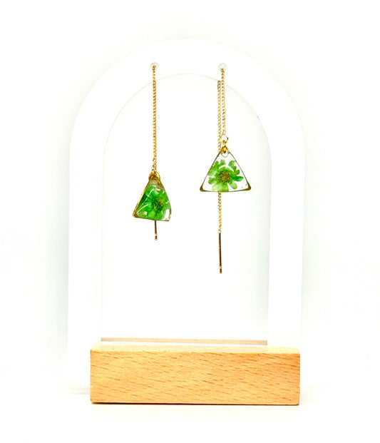 Resin Earrings – Real Green Flowers in Gold Triangle Pendant