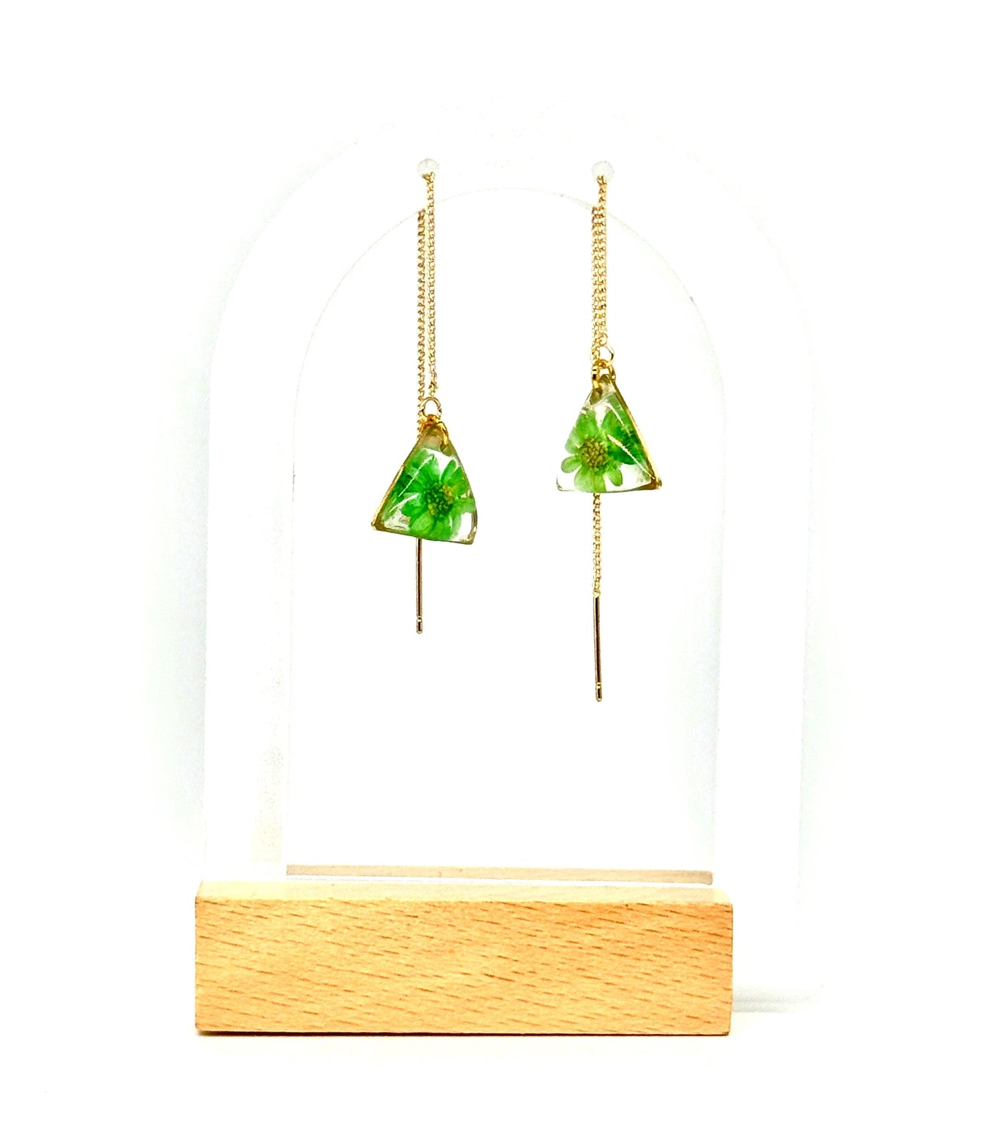 Resin Earrings – Real Green Flowers in Gold Triangle Pendant