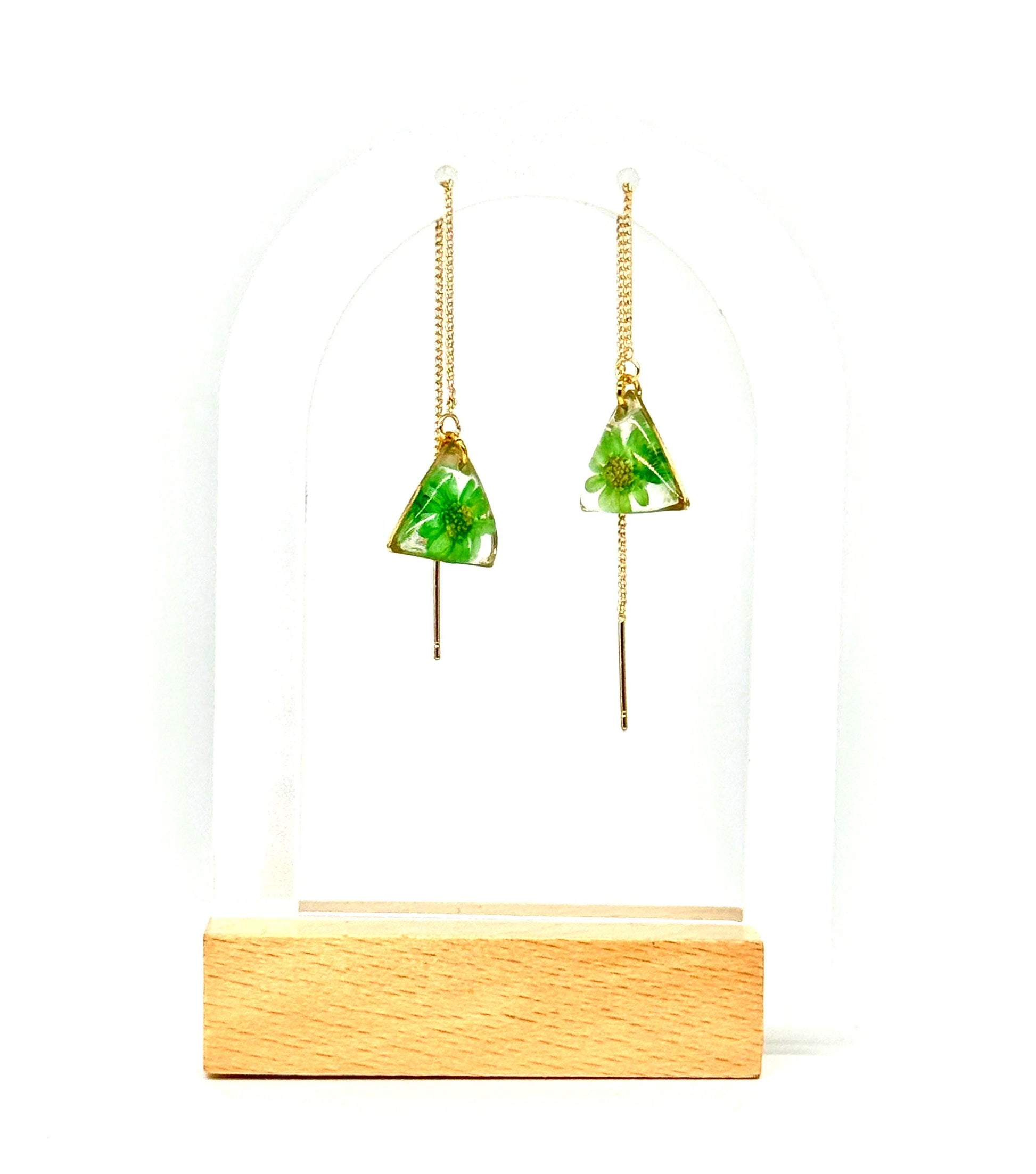 Resin Earrings – Real Green Flowers in Gold Triangle Pendant