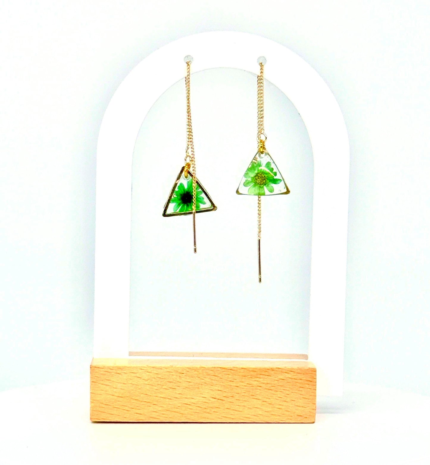 Resin Earrings – Real Green Flowers in Gold Triangle Pendant
