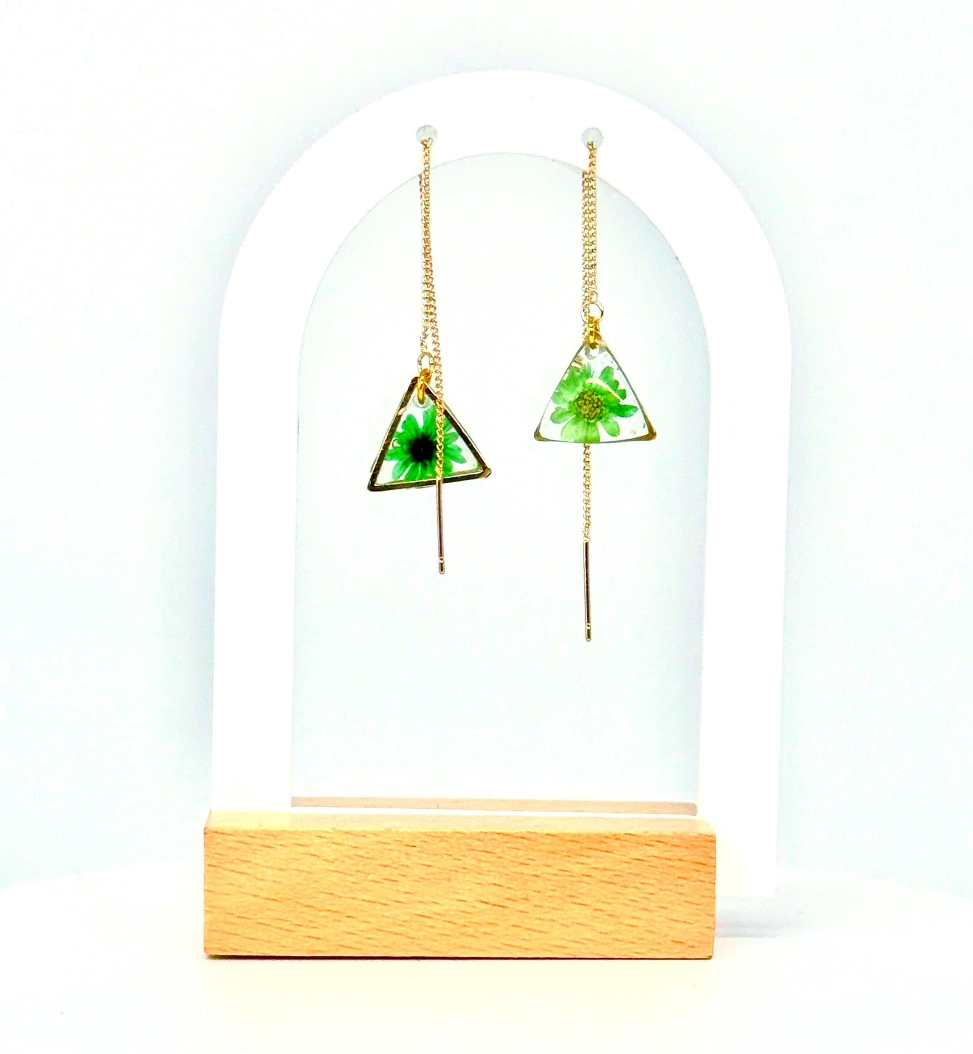 Resin Earrings – Real Green Flowers in Gold Triangle Pendant