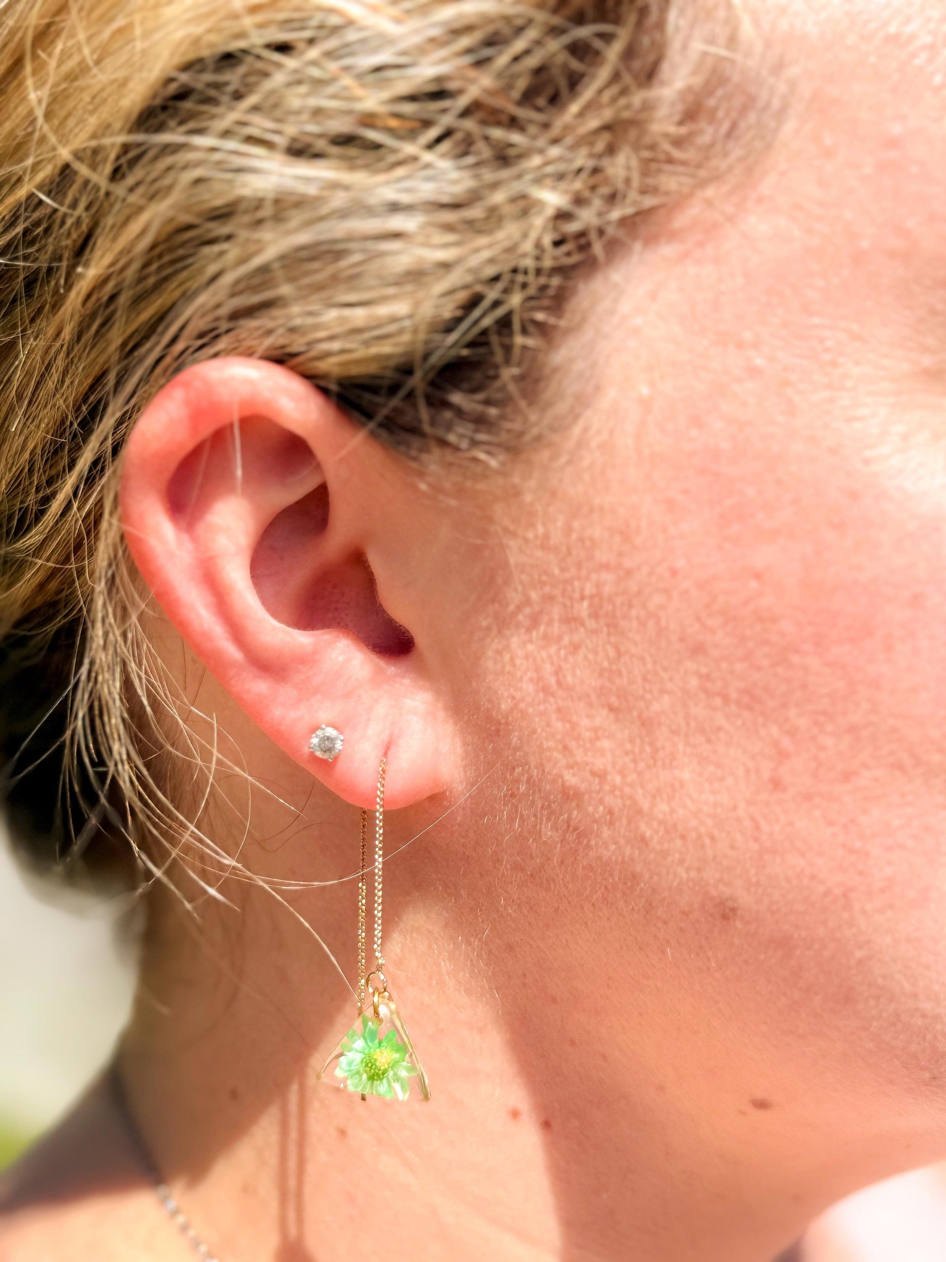 Resin Earrings – Real Green Flowers in Gold Triangle Pendant