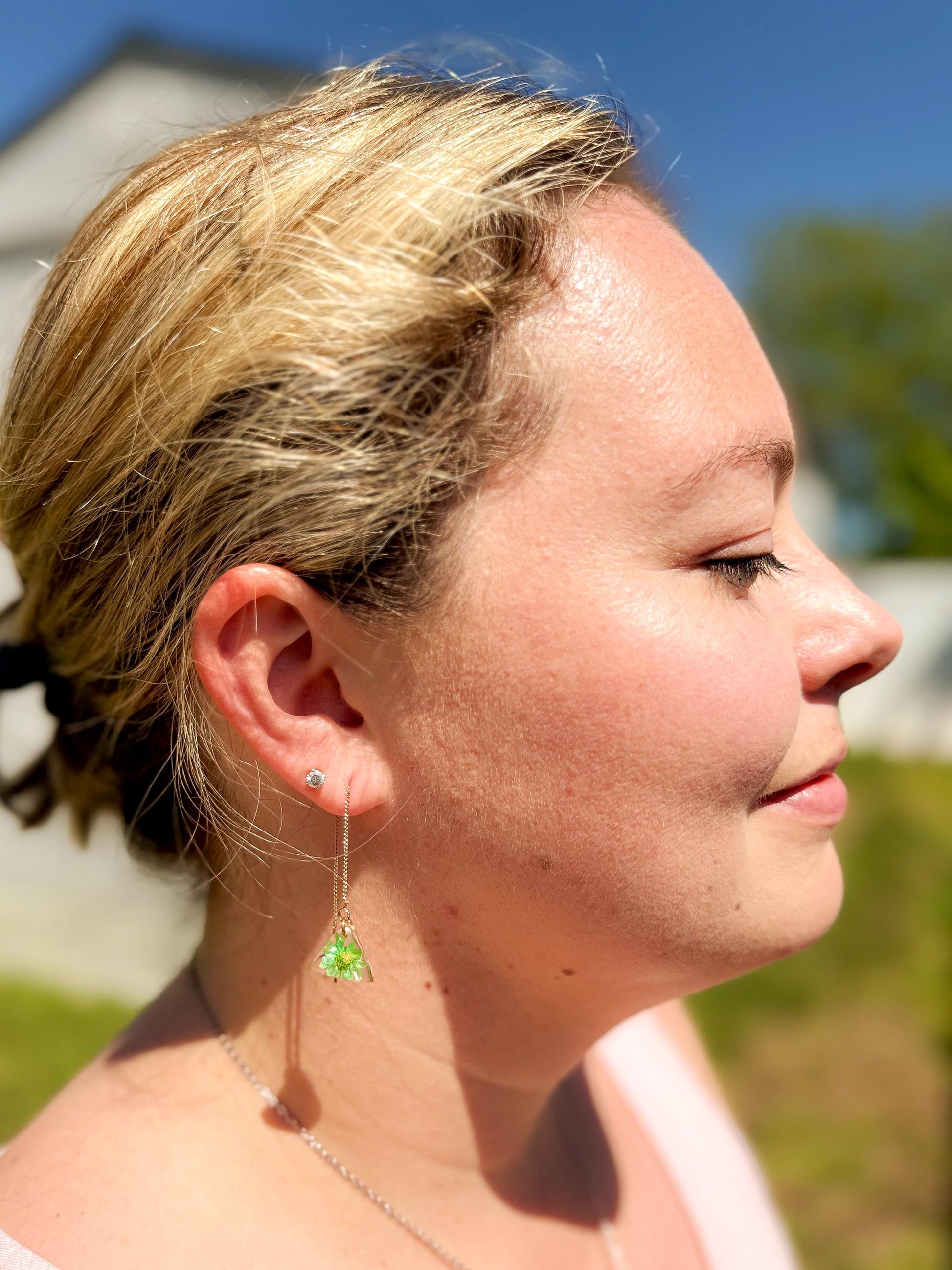 Resin Earrings – Real Green Flowers in Gold Triangle Pendant