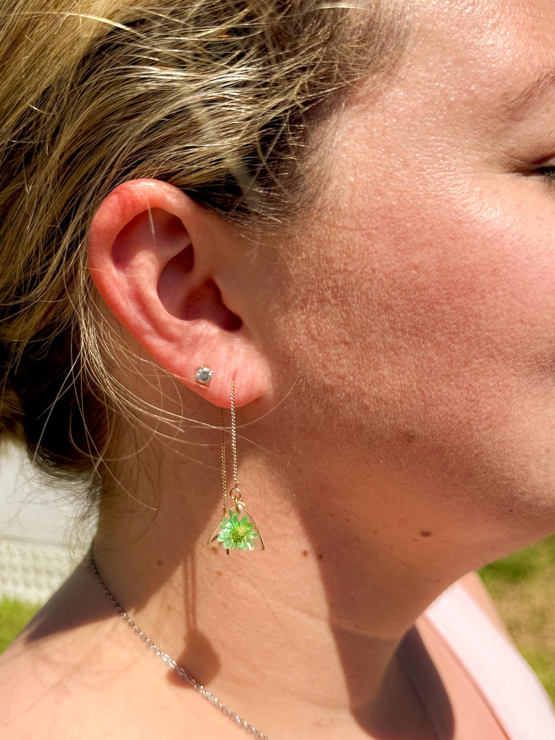 Resin Earrings – Real Green Flowers in Gold Triangle Pendant