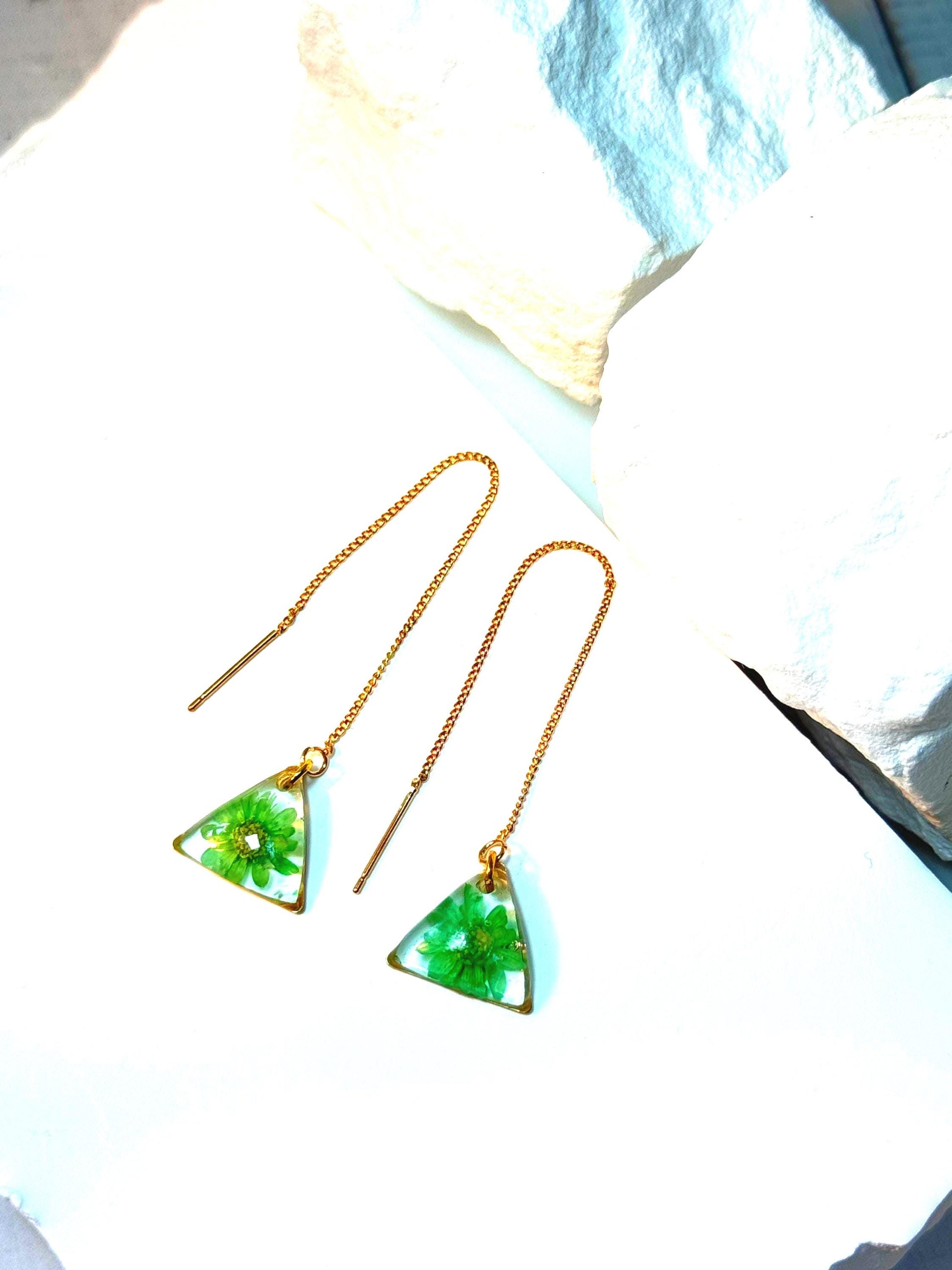 Resin Earrings – Real Green Flowers in Gold Triangle Pendant