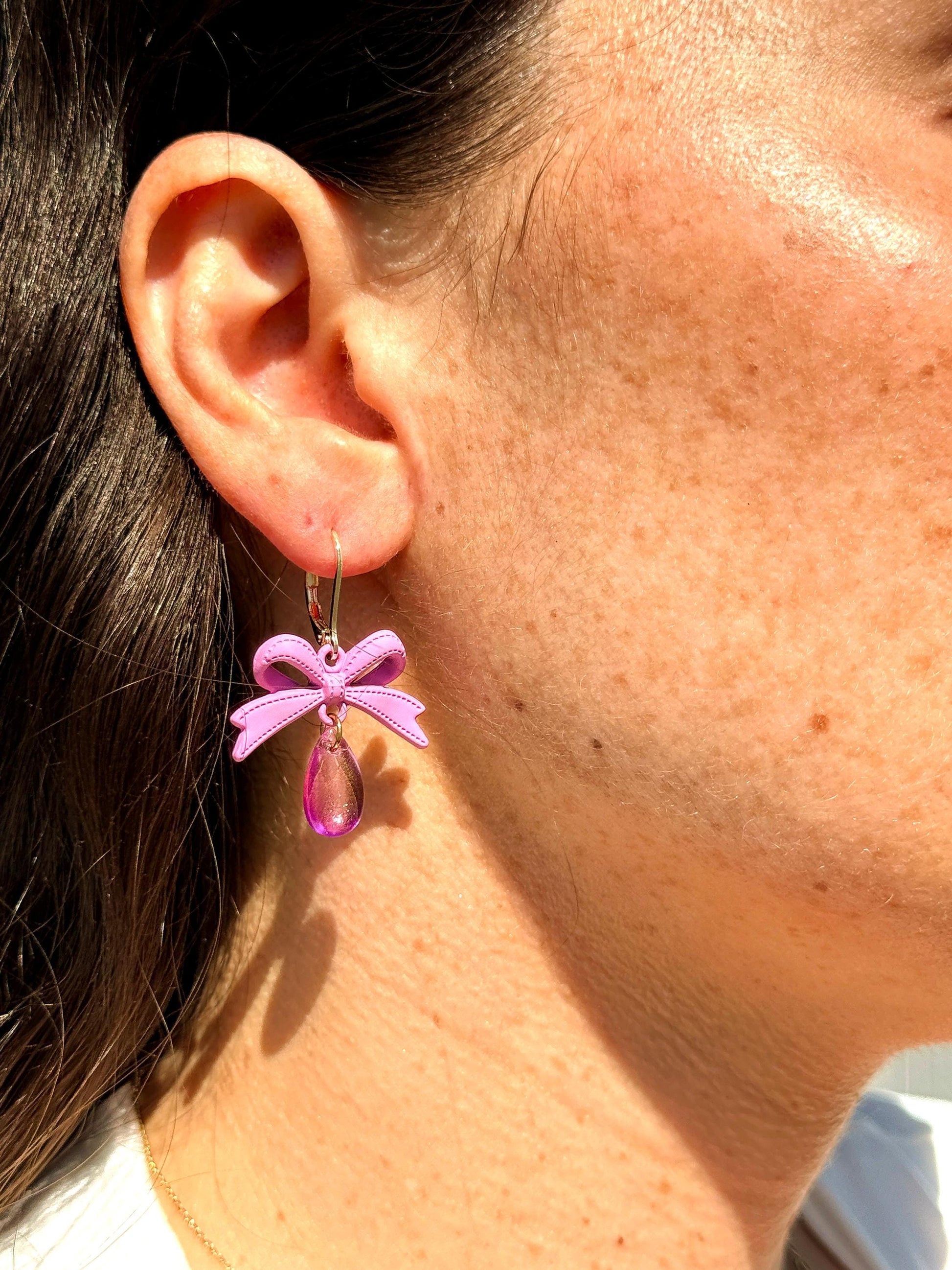 Pink Bow Dangle Earrings: Handmade Polymer Ribbon & Iridescent Teardrop