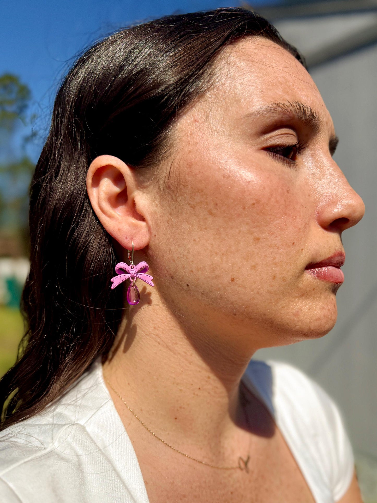 Pink Bow Dangle Earrings: Handmade Polymer Ribbon & Iridescent Teardrop