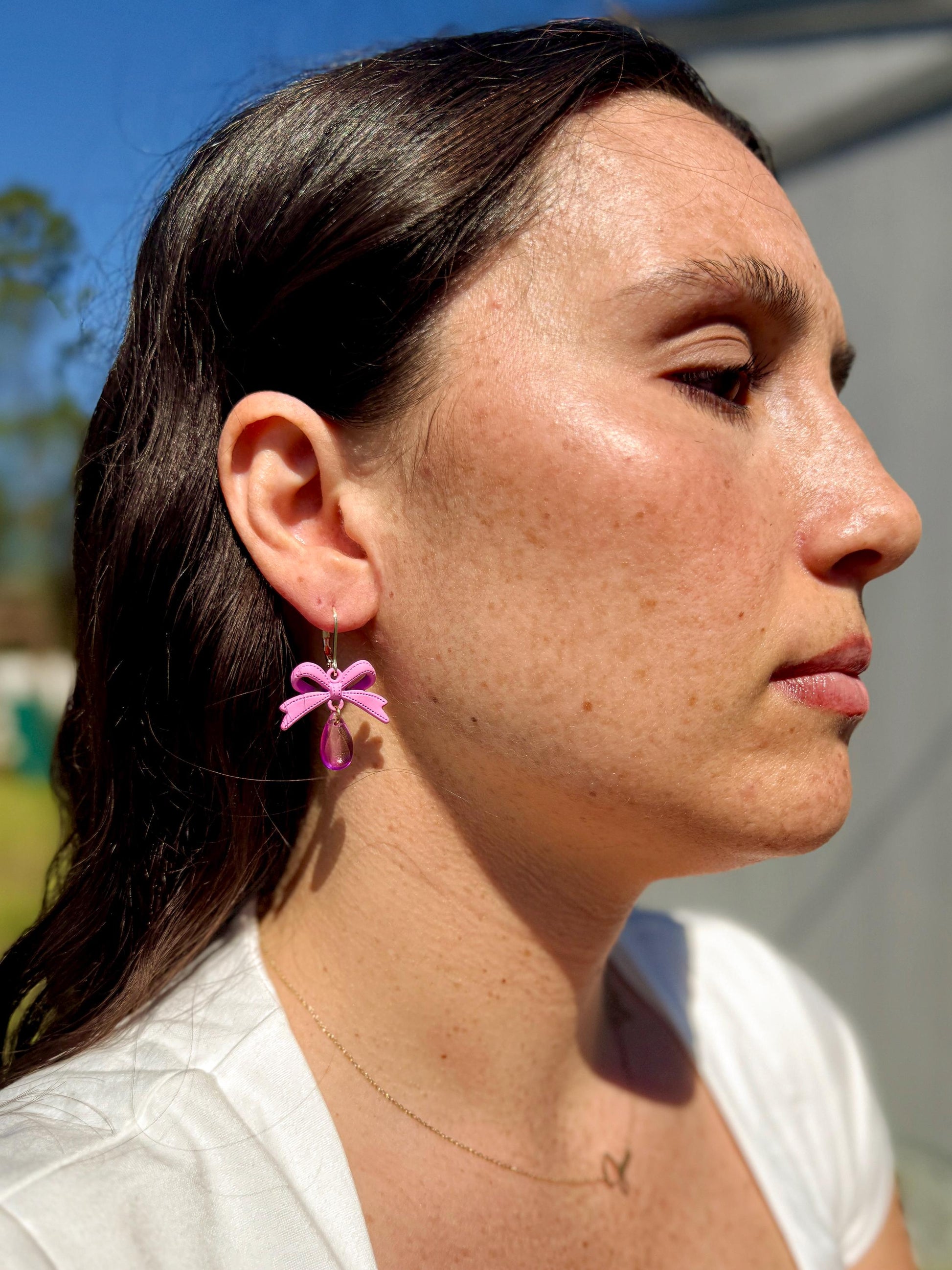 Pink Bow Dangle Earrings: Handmade Polymer Ribbon & Iridescent Teardrop