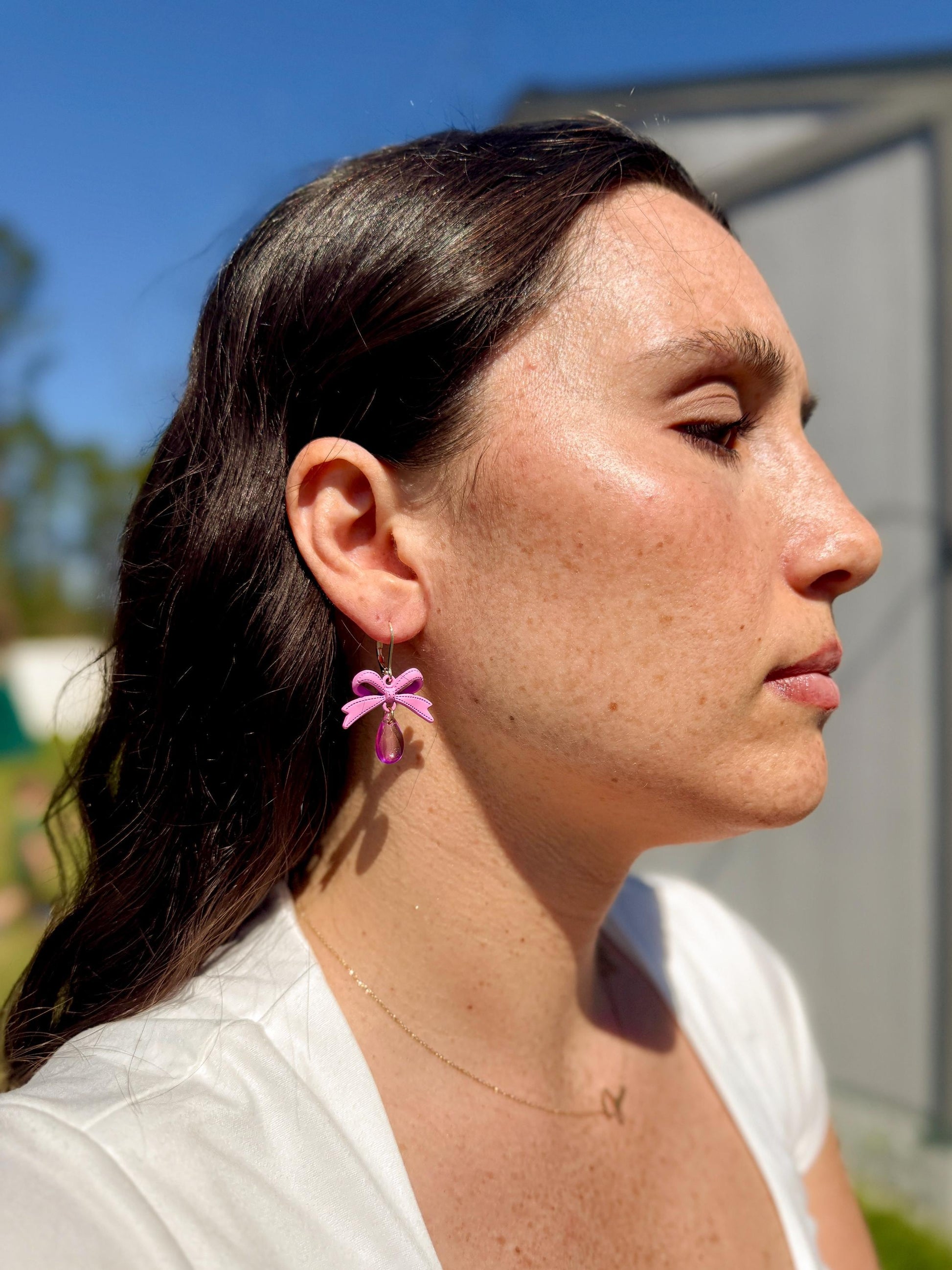 Pink Bow Dangle Earrings: Handmade Polymer Ribbon & Iridescent Teardrop