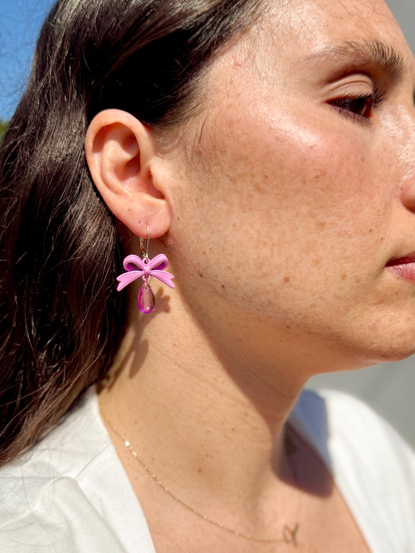 Pink Bow Dangle Earrings: Handmade Polymer Ribbon & Iridescent Teardrop