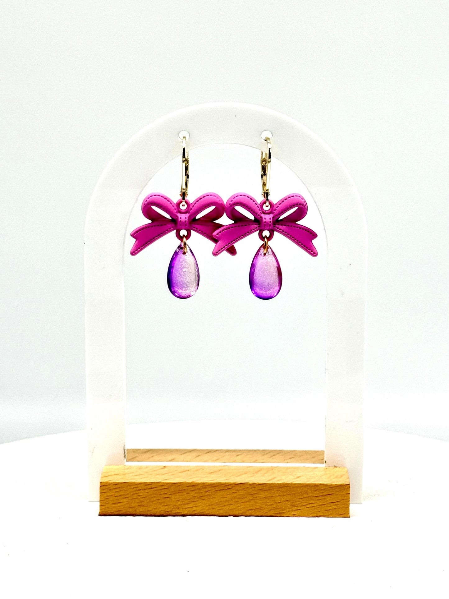 Pink Bow Dangle Earrings: Handmade Polymer Ribbon & Iridescent Teardrop