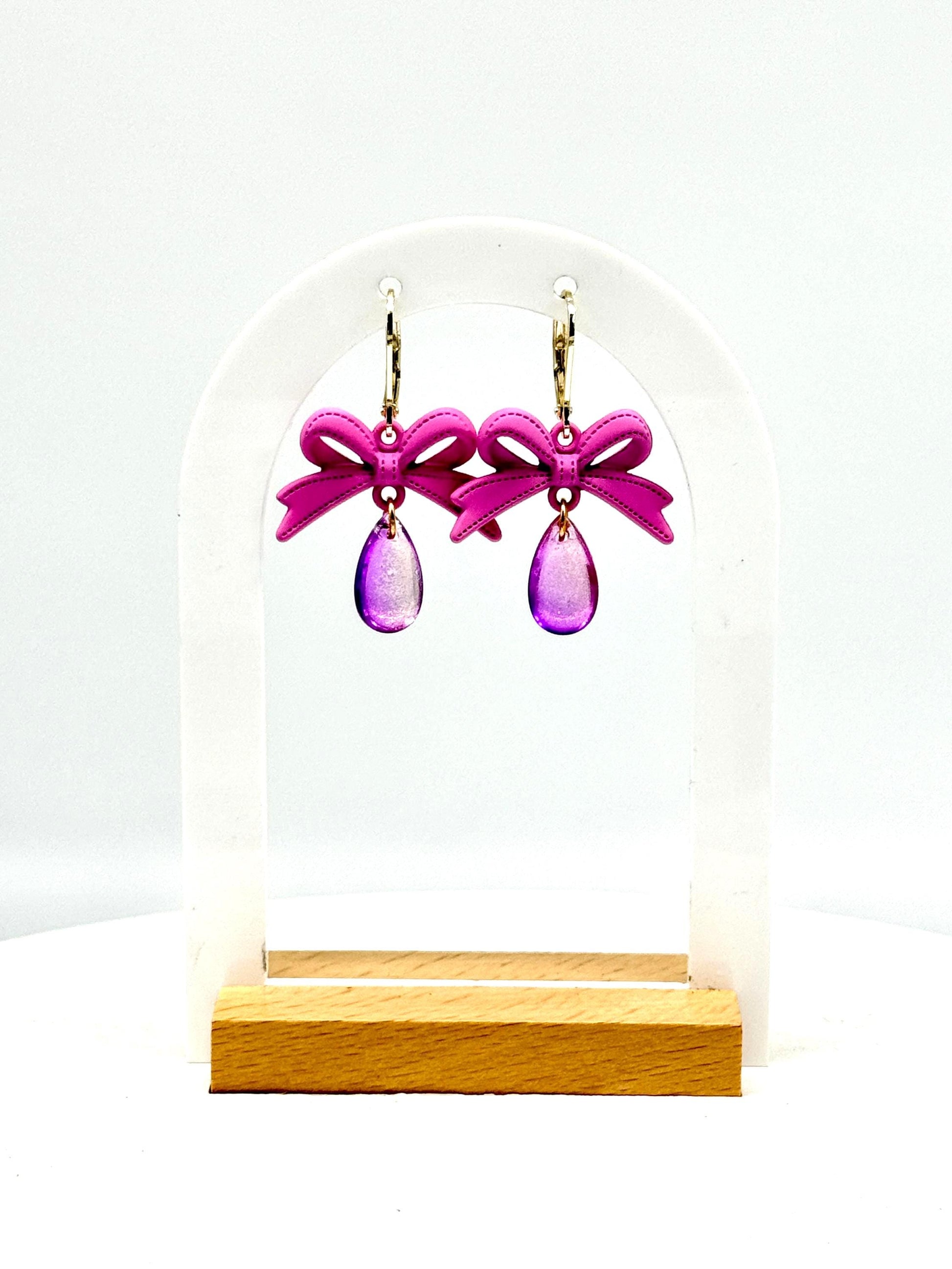 Pink Bow Dangle Earrings: Handmade Polymer Ribbon & Iridescent Teardrop