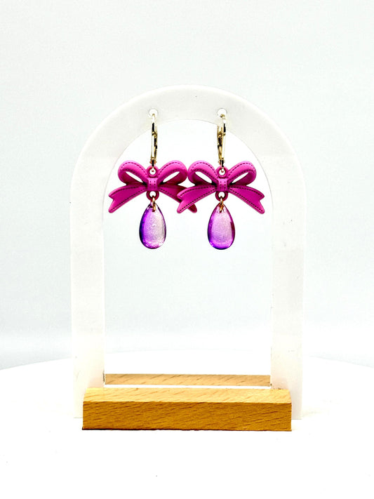 Pink Bow Dangle Earrings: Handmade Polymer Ribbon & Iridescent Teardrop