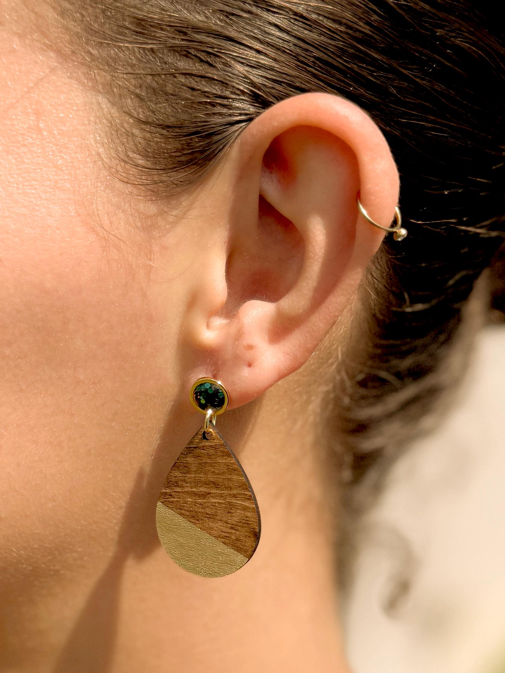 Wooden Teardrop Earrings: Green Glitter Studs, Gold Accent