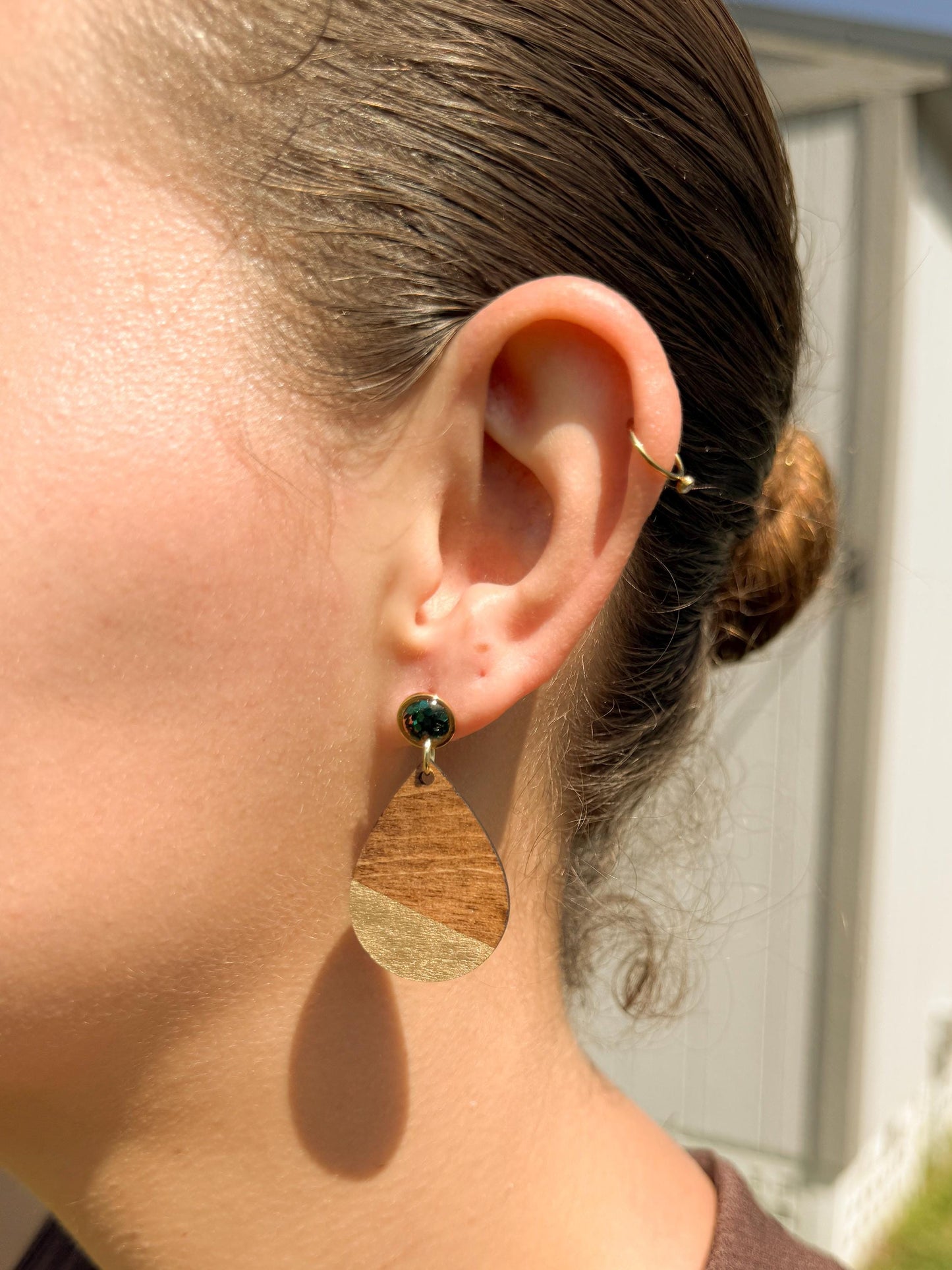Wooden Teardrop Earrings: Green Glitter Studs, Gold Accent
