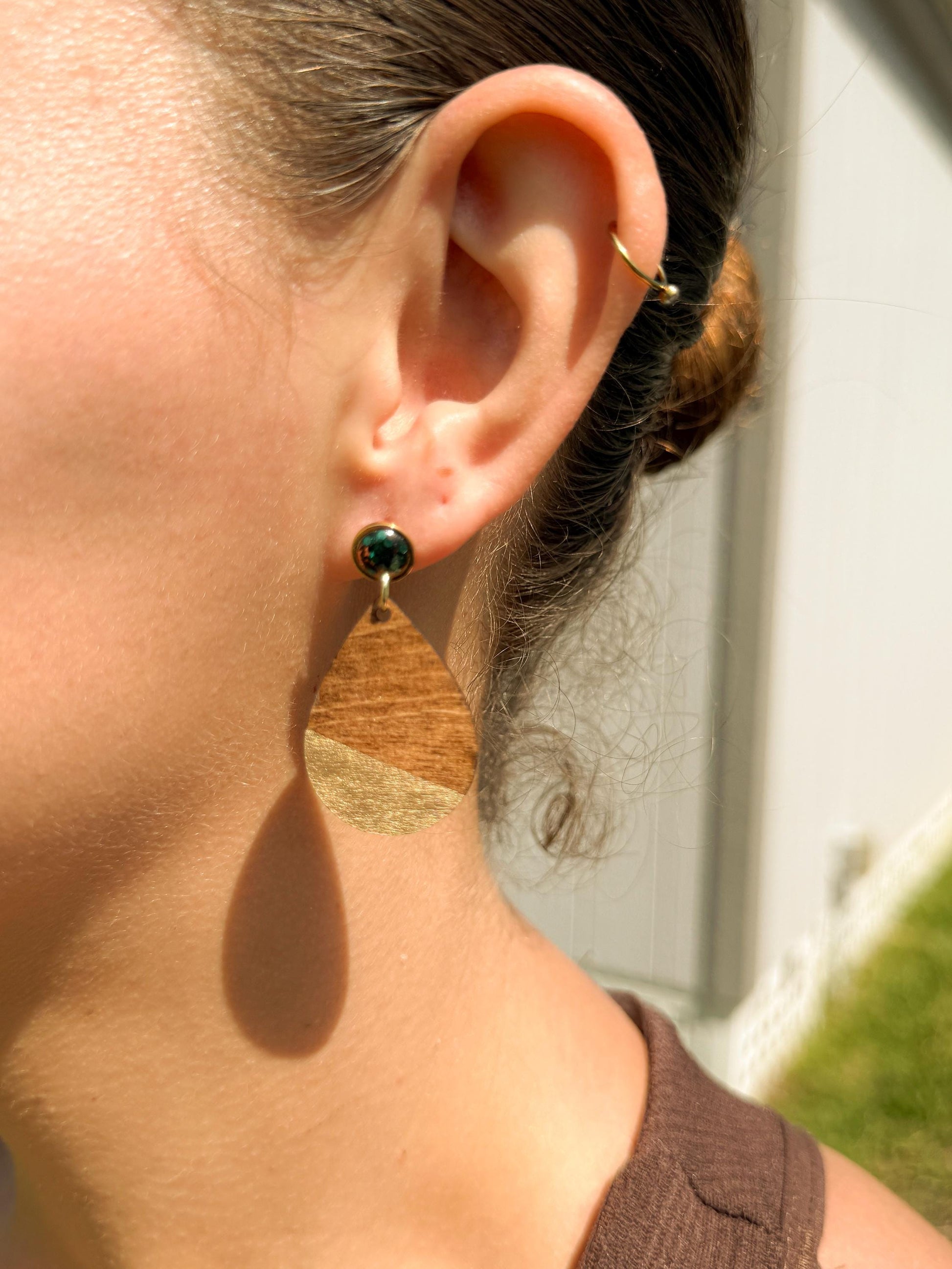 Wooden Teardrop Earrings: Green Glitter Studs, Gold Accent