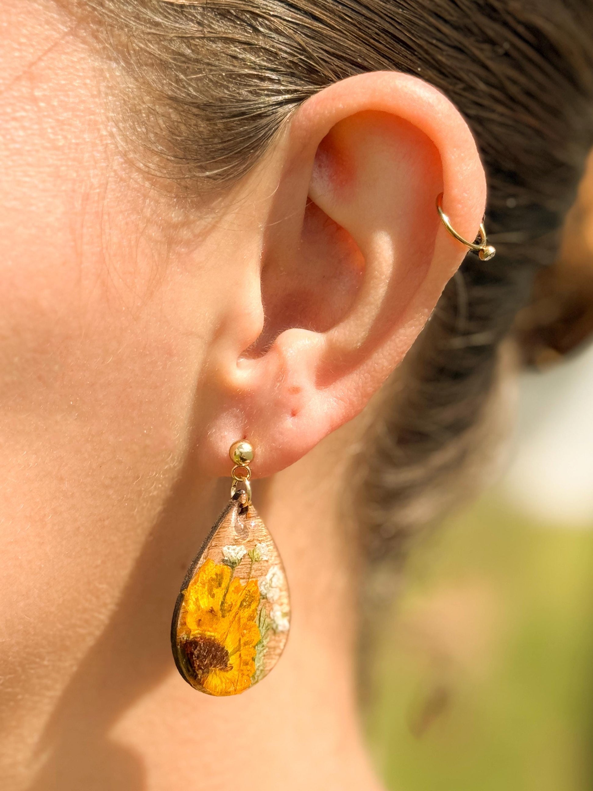 Pressed Sunflower Earrings: Wooden Teardrop Resin Jewelry