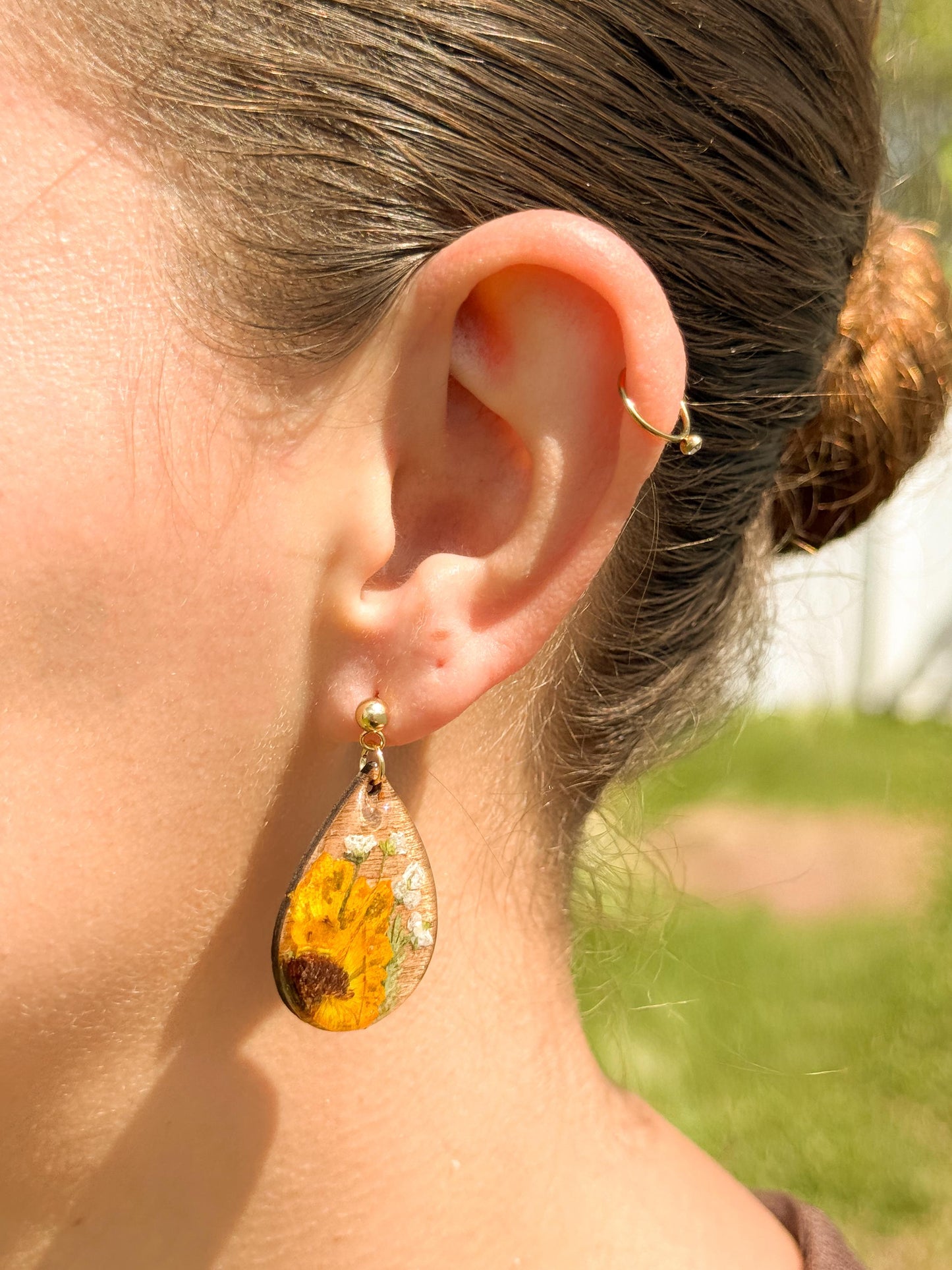 Pressed Sunflower Earrings: Wooden Teardrop Resin Jewelry