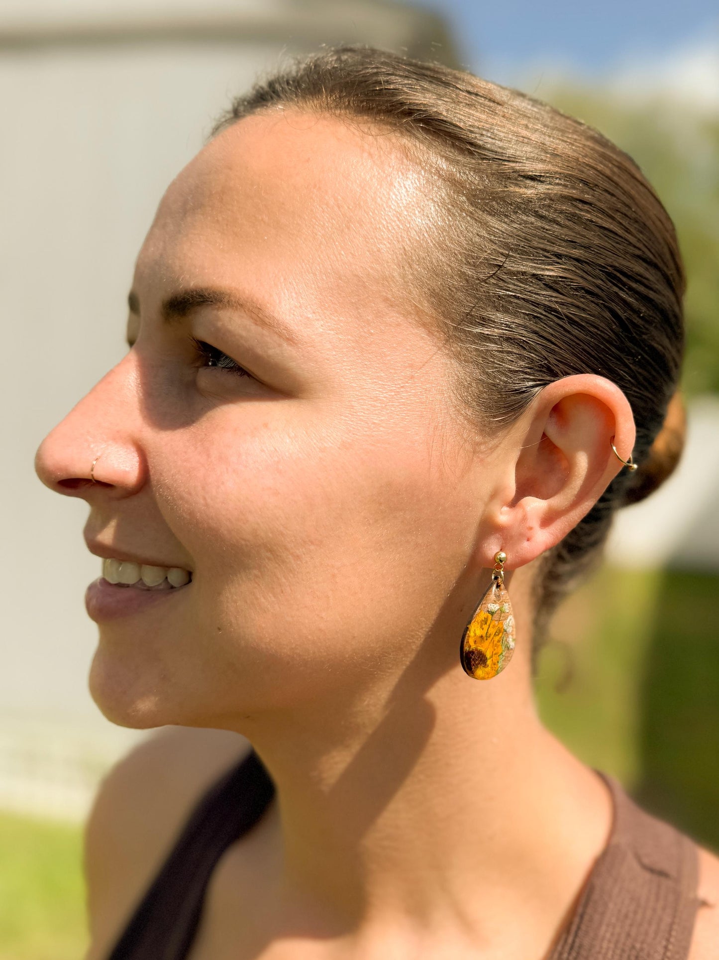 Pressed Sunflower Earrings: Wooden Teardrop Resin Jewelry