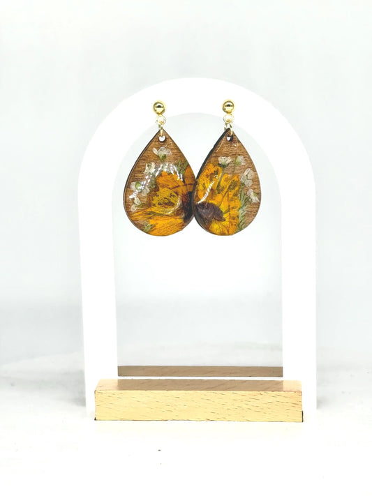 Pressed Sunflower Earrings: Wooden Teardrop Resin Jewelry