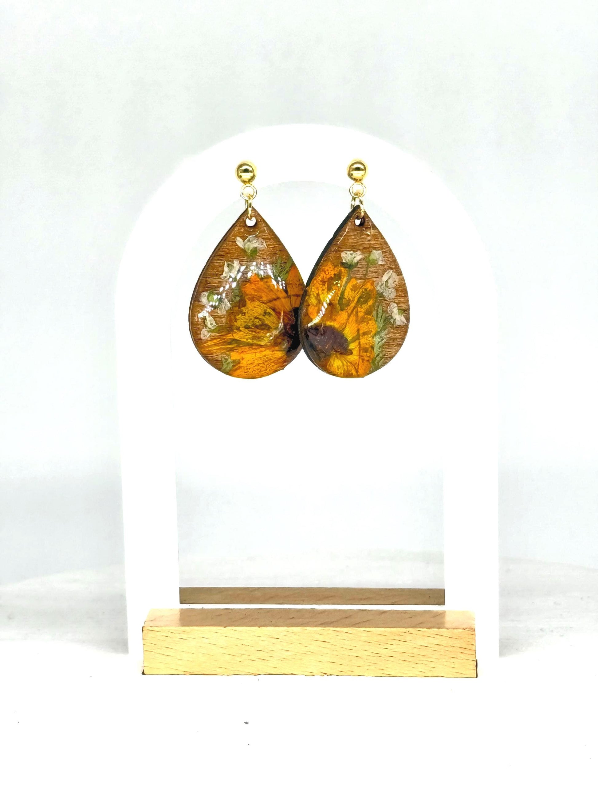 Pressed Sunflower Earrings: Wooden Teardrop Resin Jewelry