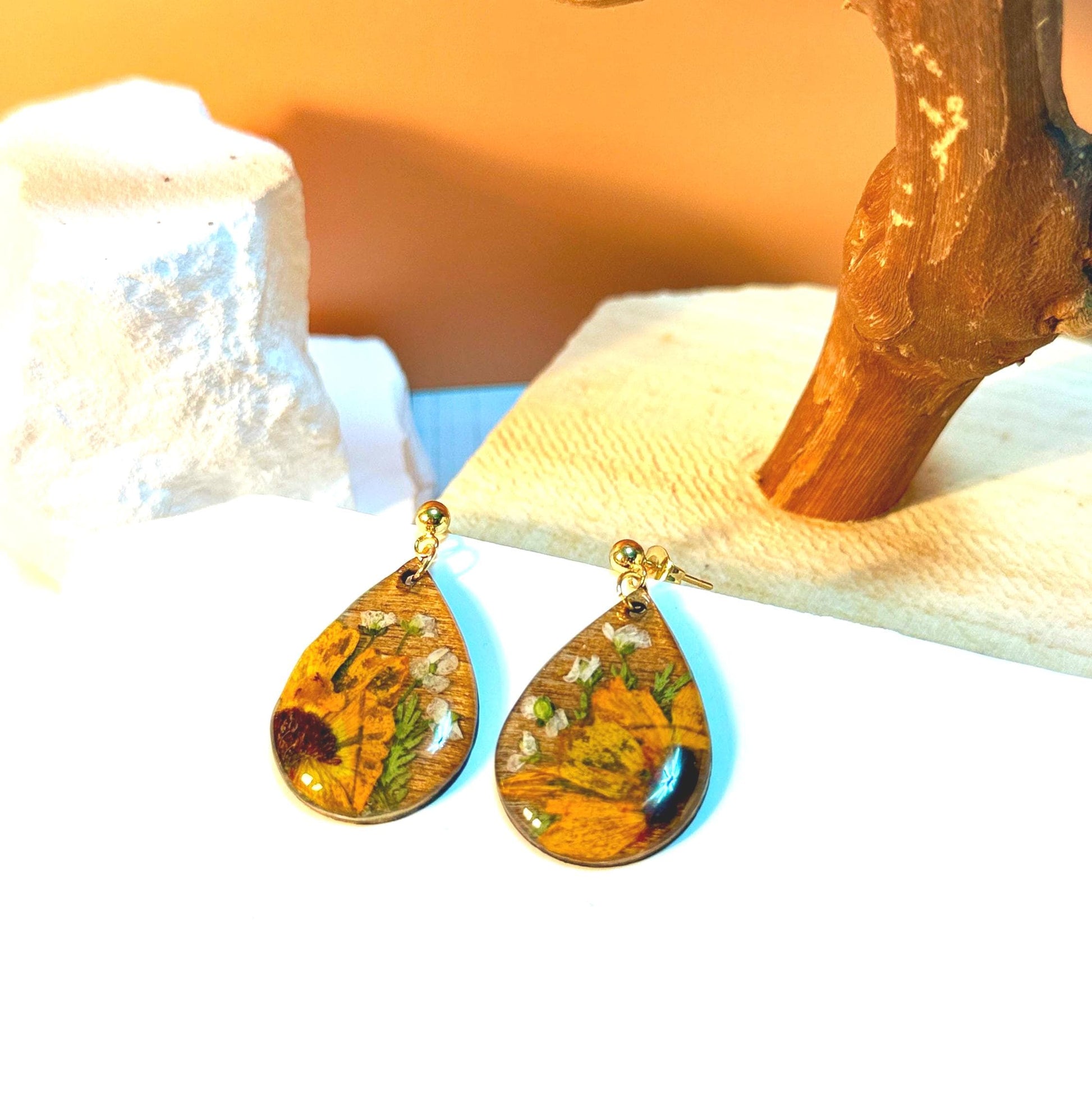 Pressed Sunflower Earrings: Wooden Teardrop Resin Jewelry