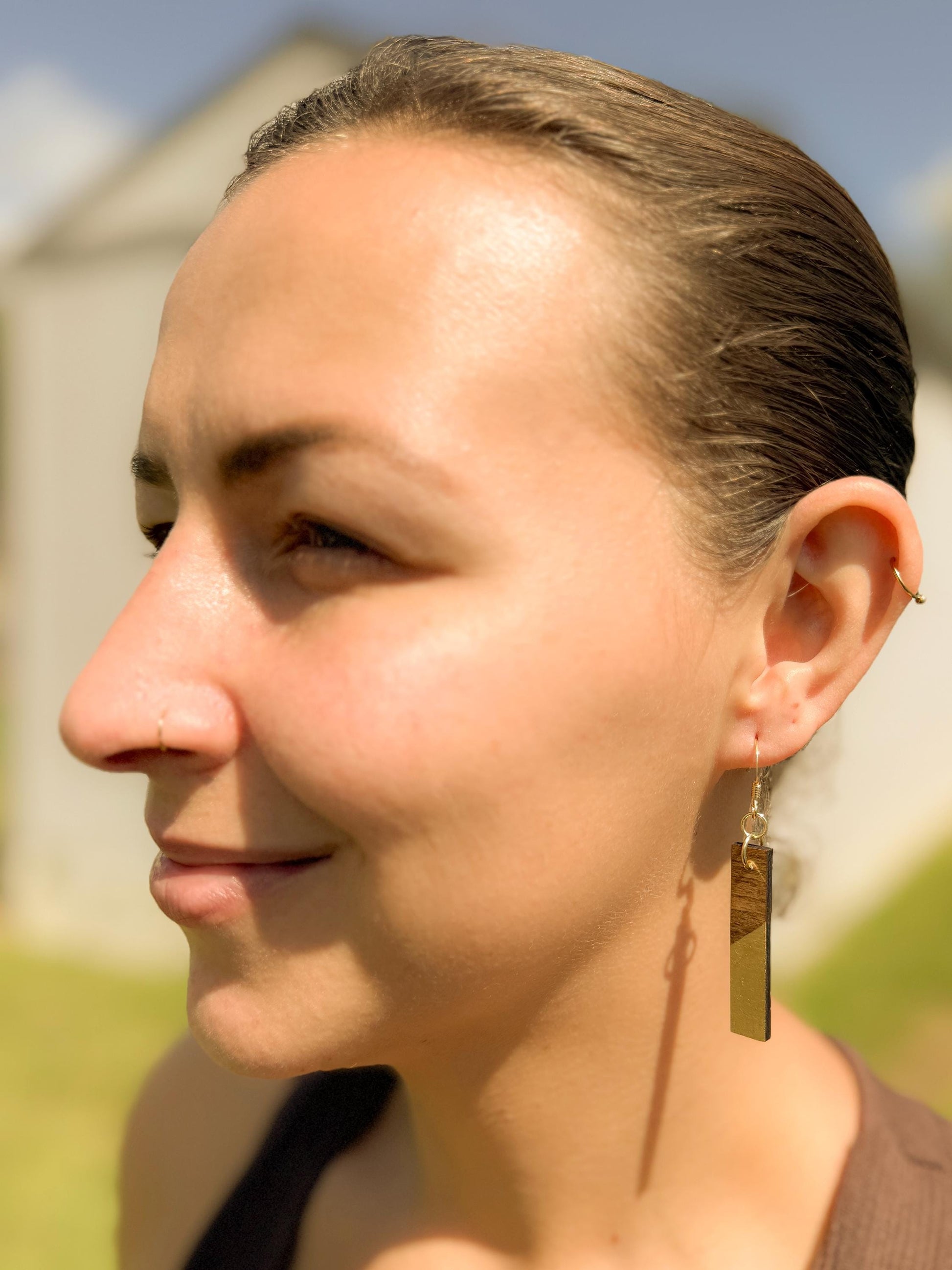Wood Dangle Earrings: Gold Accent, Geometric Handmade Jewelry