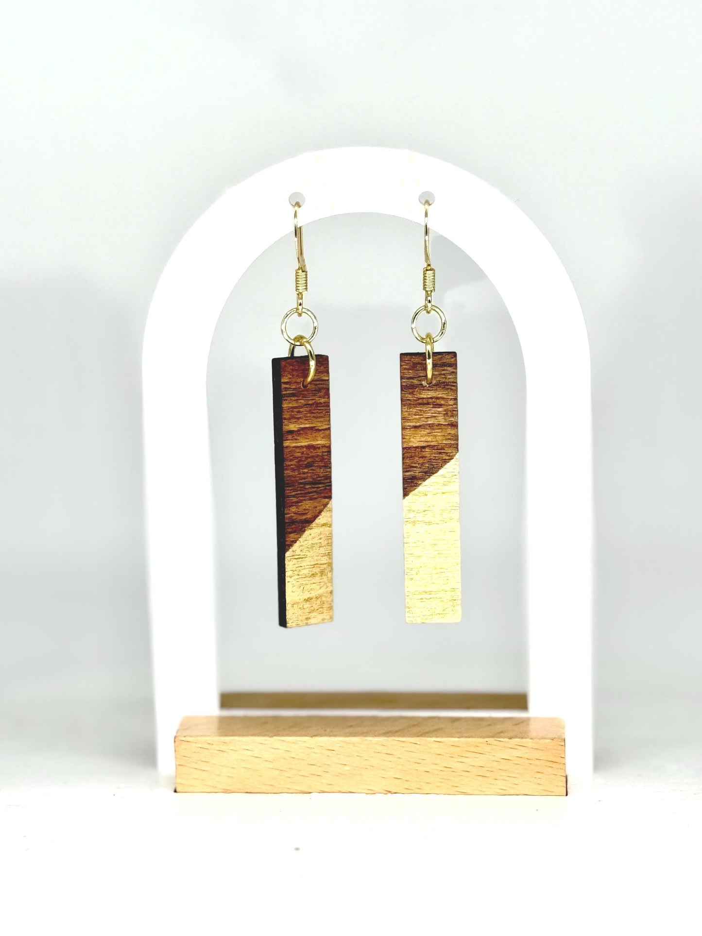 Wood Dangle Earrings: Gold Accent, Geometric Handmade Jewelry