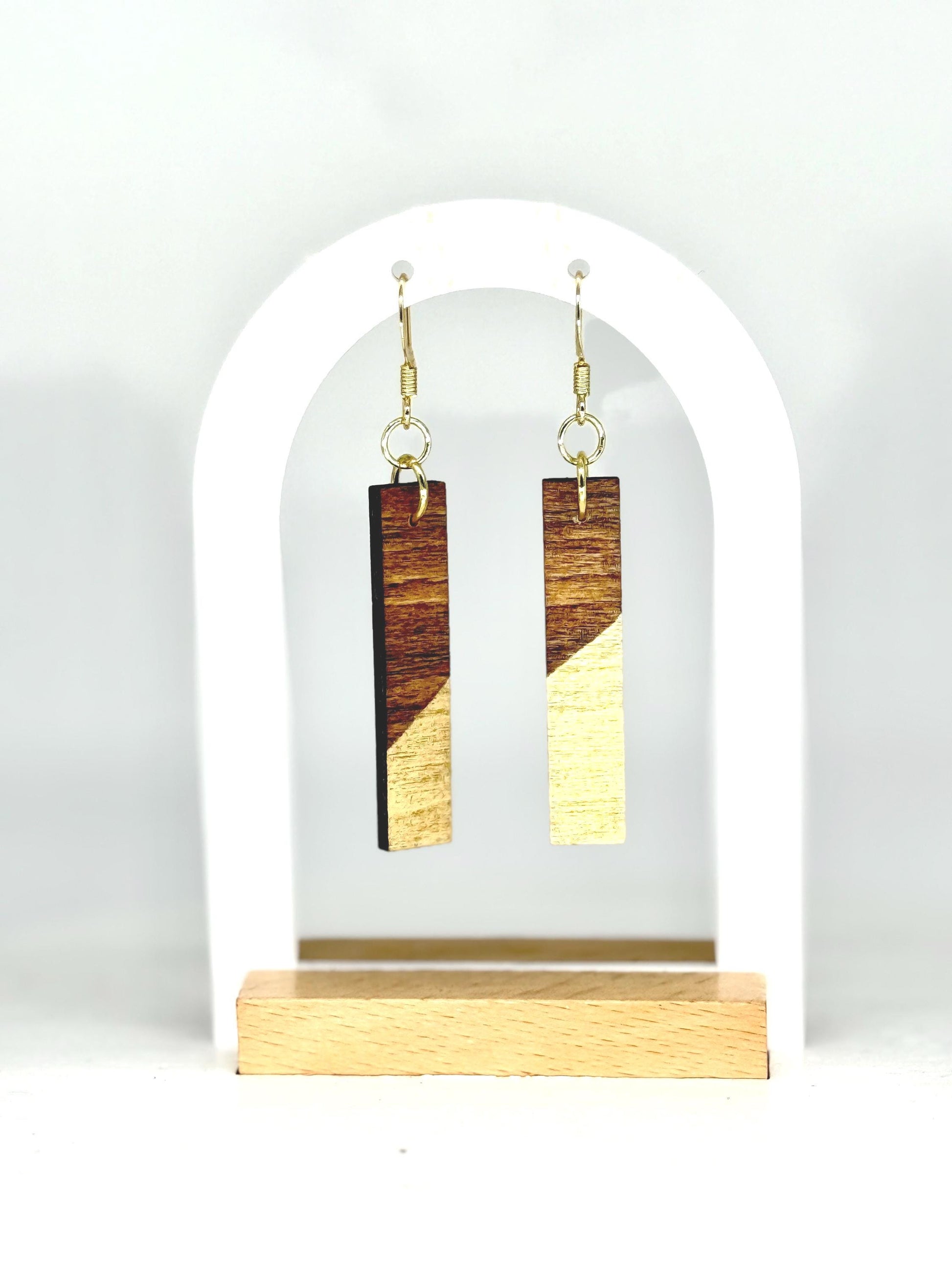 Wood Dangle Earrings: Gold Accent, Geometric Handmade Jewelry